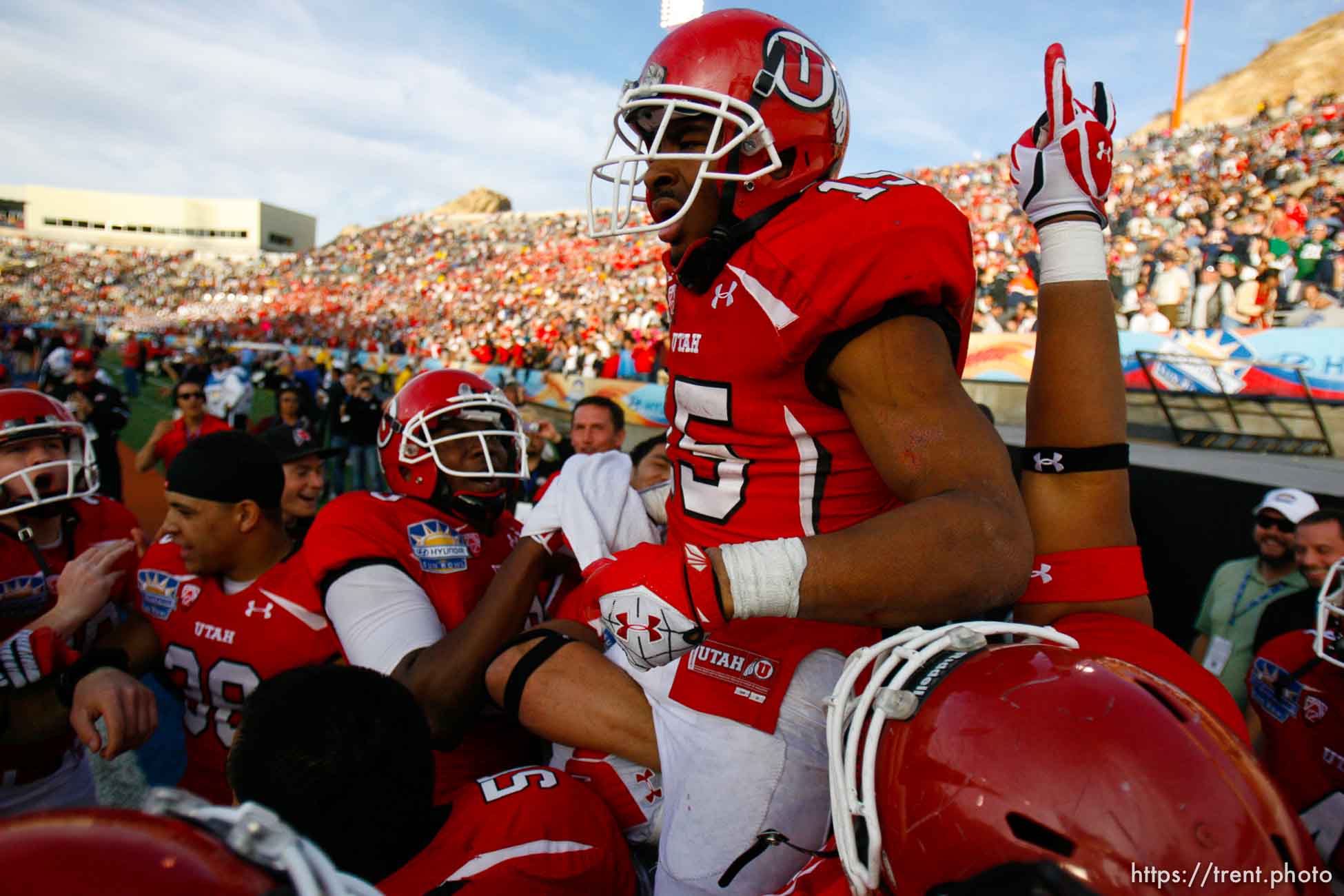 Trent Nelson  |  The Salt Lake Tribune
Utah running back John White celebrates his game-winning touchdown as the University of Utah defeated Georgia Tech, college football at the Sun Bowl in El Paso, Texas, Saturday, December 31, 2011.