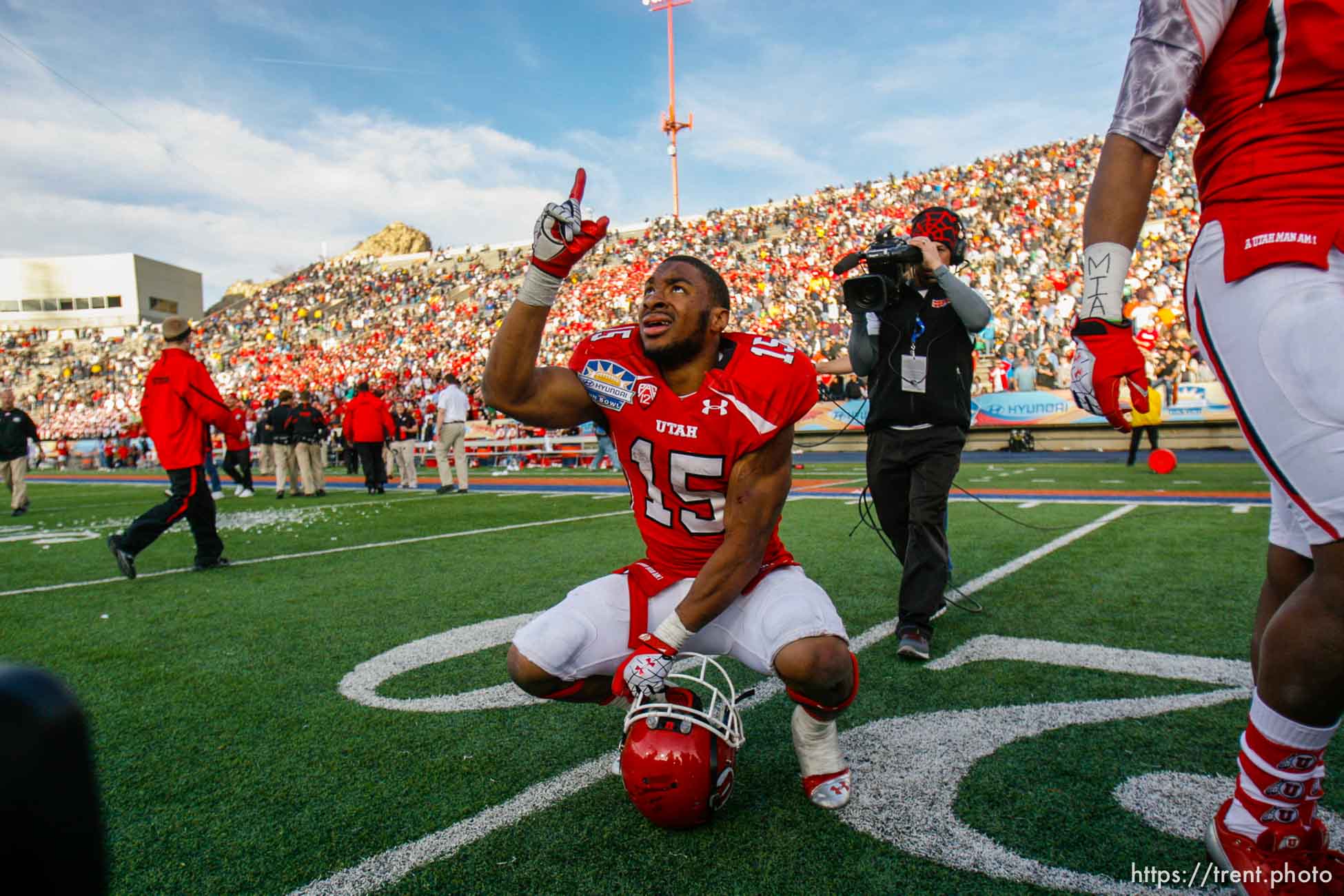 Trent Nelson  |  The Salt Lake Tribune
Utah running back John White celebrates his game-winning touchdown as the University of Utah defeated Georgia Tech, college football at the Sun Bowl in El Paso, Texas, Saturday, December 31, 2011.