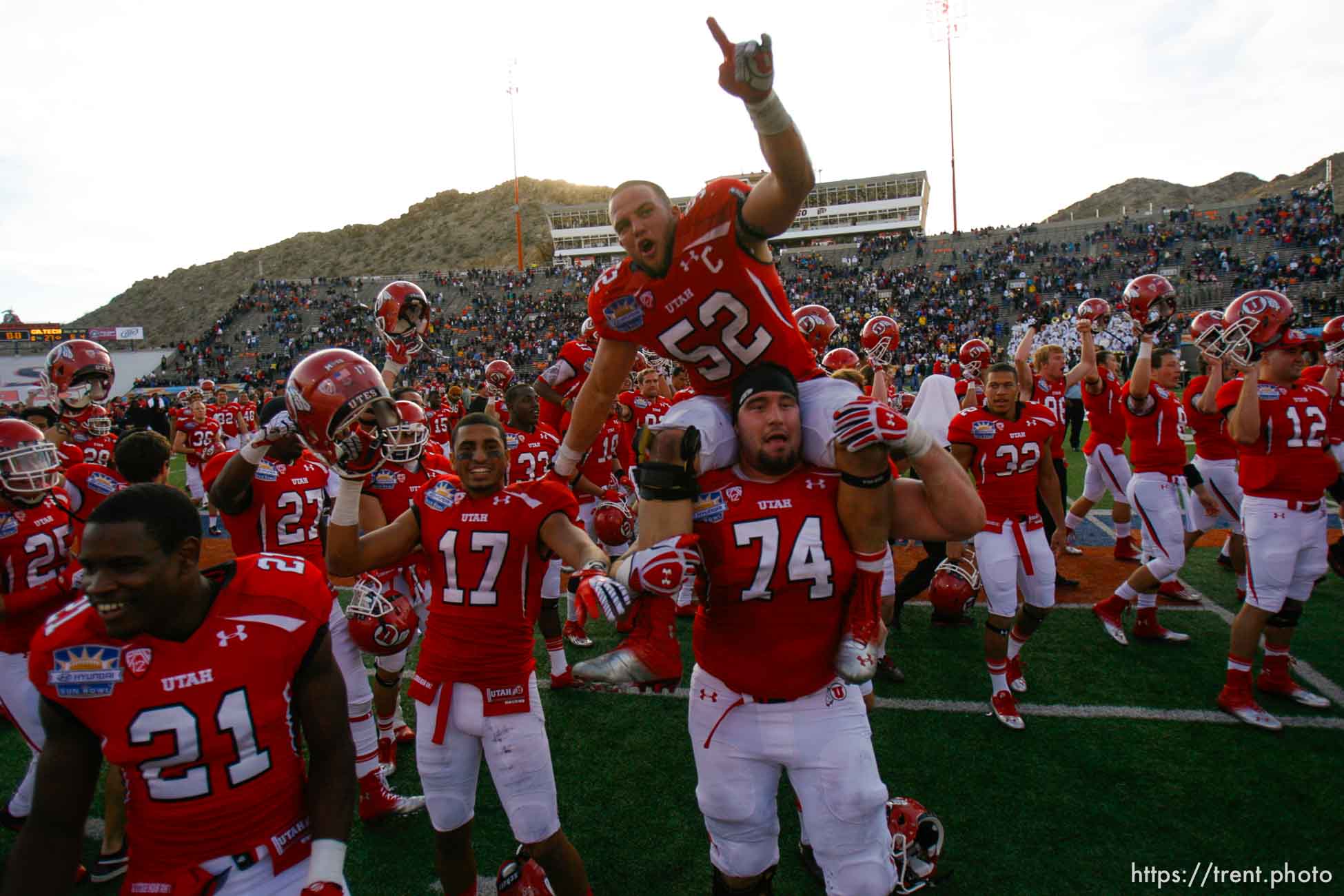 Trent Nelson  |  The Salt Lake Tribune
Utah players celebrate their win over Georgia Tech, college football at the Sun Bowl in El Paso, Texas, Saturday, December 31, 2011.