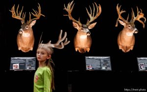 Antlered expo attendees walk past Eastmans' 2012 Trophy Deer Tour display at the International Sportsmen's Exposition Saturday, March 17, 2012 at the South Towne Exposition Center in Sandy, Utah.