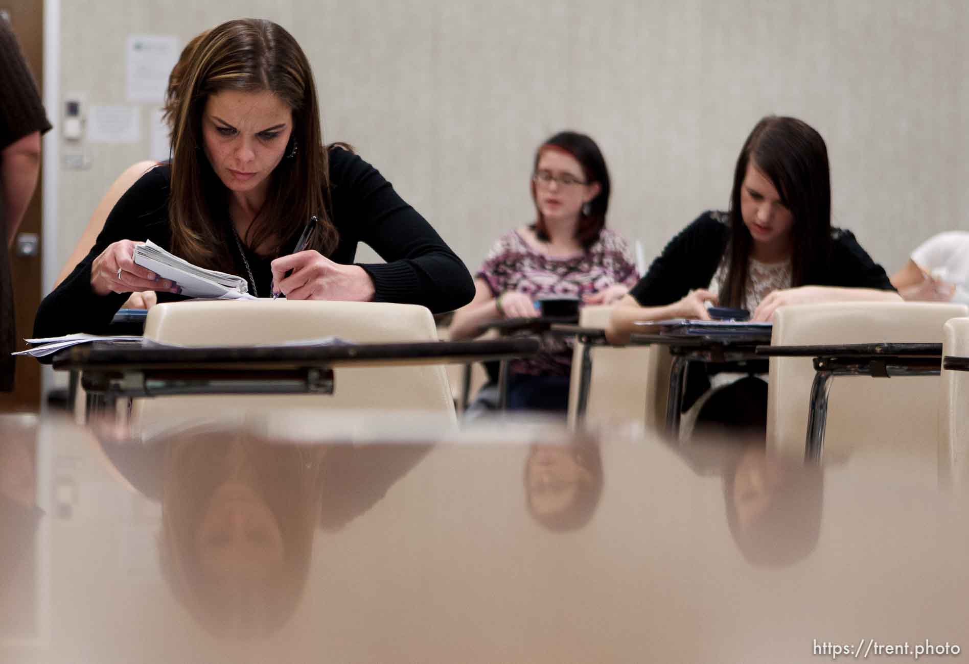 Trent Nelson  |  The Salt Lake Tribune
Jen Carver working on a practice test in a statistics class at Weber State University Wednesday, March 28, 2012 in Ogden, Utah. U.S. Army veteran Jen Carver served two tours in Iraq and is now a full time college student with an on-campus job while raising her 4-year-old son.