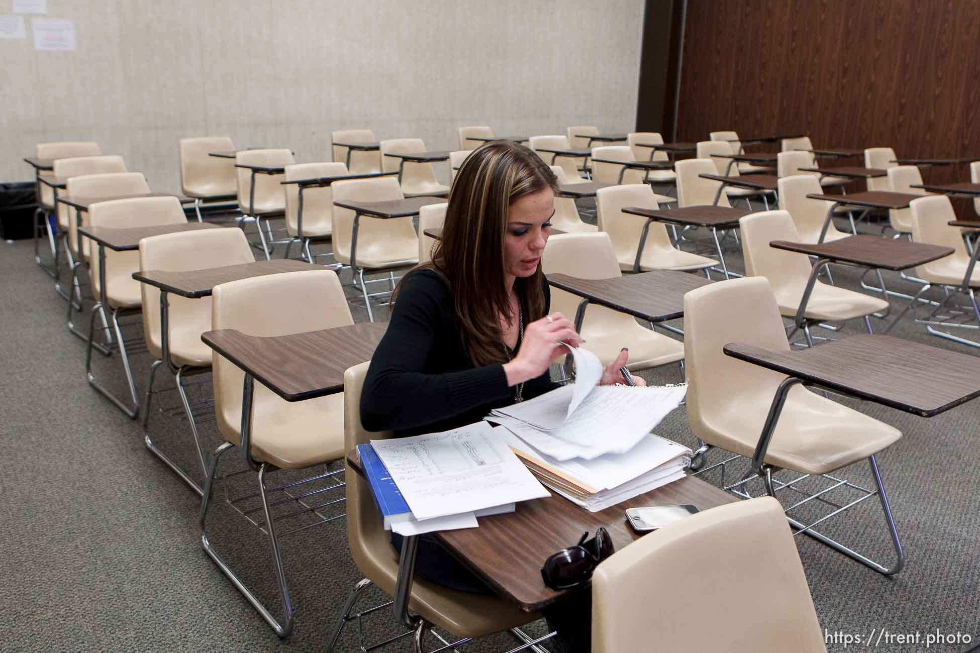 Trent Nelson  |  The Salt Lake Tribune
Jen Carver working after other students have left a statistics class at Weber State University Wednesday, March 28, 2012 in Ogden, Utah. U.S. Army veteran Jen Carver served two tours in Iraq and is now a full time college student with an on-campus job while raising her 4-year-old son.