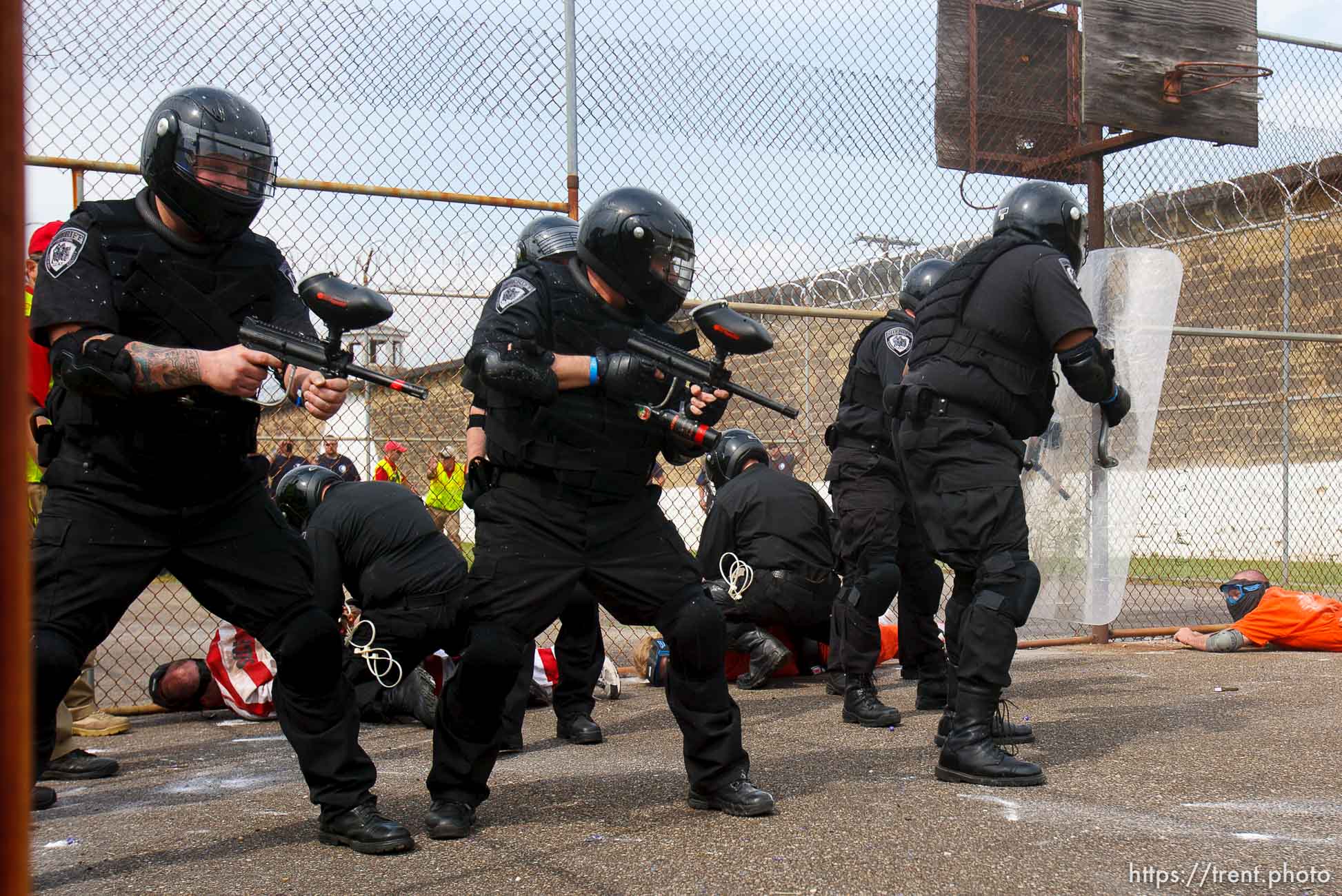 Trent Nelson  |  The Salt Lake Tribune
An emergency response team from the Chemung County (NY) Sheriff's Office subdues volunteers role playing as inmates during a training scenario at the Mock Prison Riot, Monday, May 7, 2012 at the West Virginia Penitentiary in Moundsville, West Virginia. Inmates are Adam Strader, left, and Ryan Somerville.