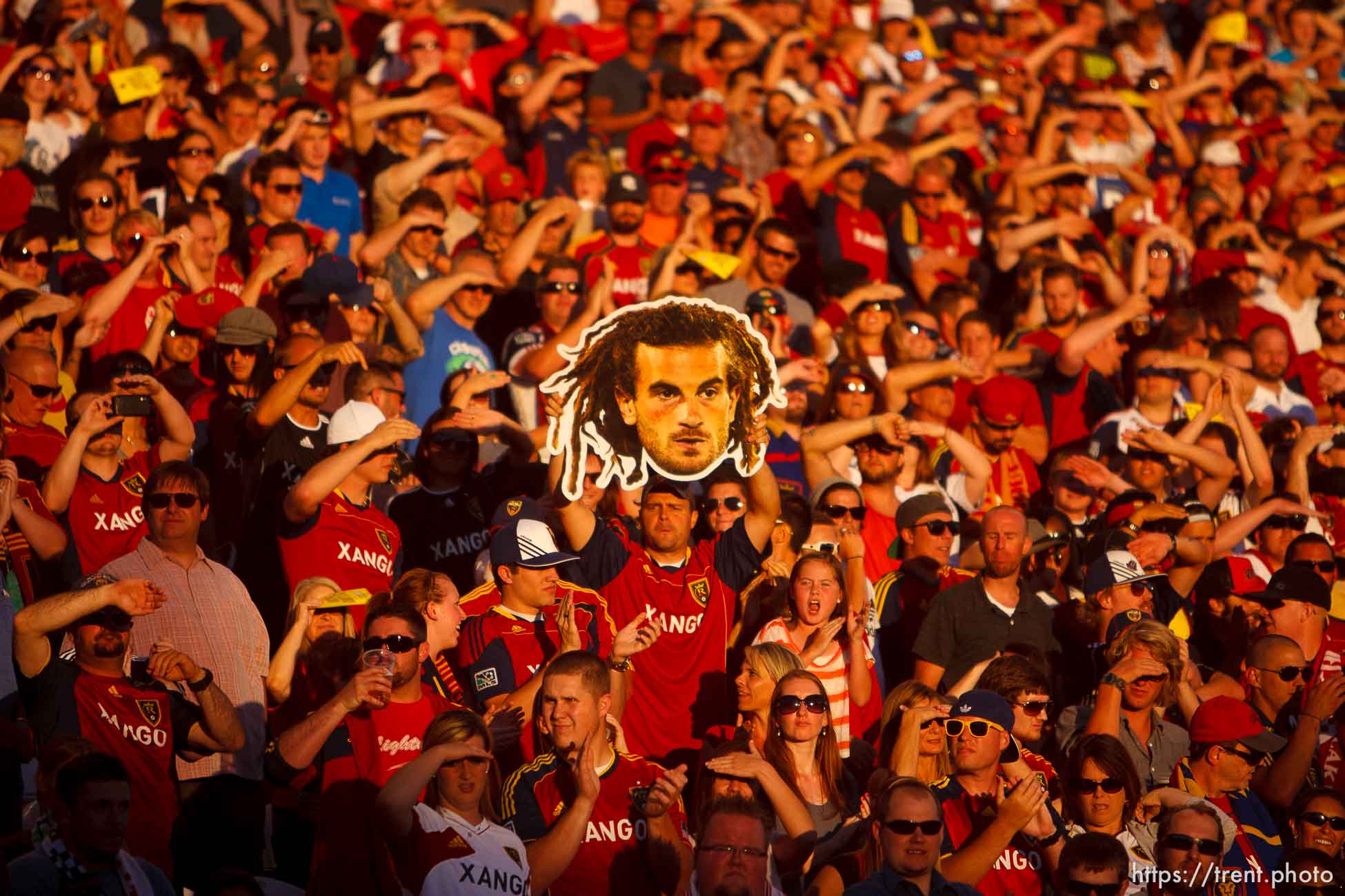 Trent Nelson  |  The Salt Lake Tribune
An RSL fan holds a large Kyle Beckerman cutout as Beckerman lines up a corner kick. Real Salt Lake hosts the L.A. Galaxy, MLS Soccer at Rio Tinto Stadium Wednesday, June 20, 2012 in Salt Lake City, Utah.