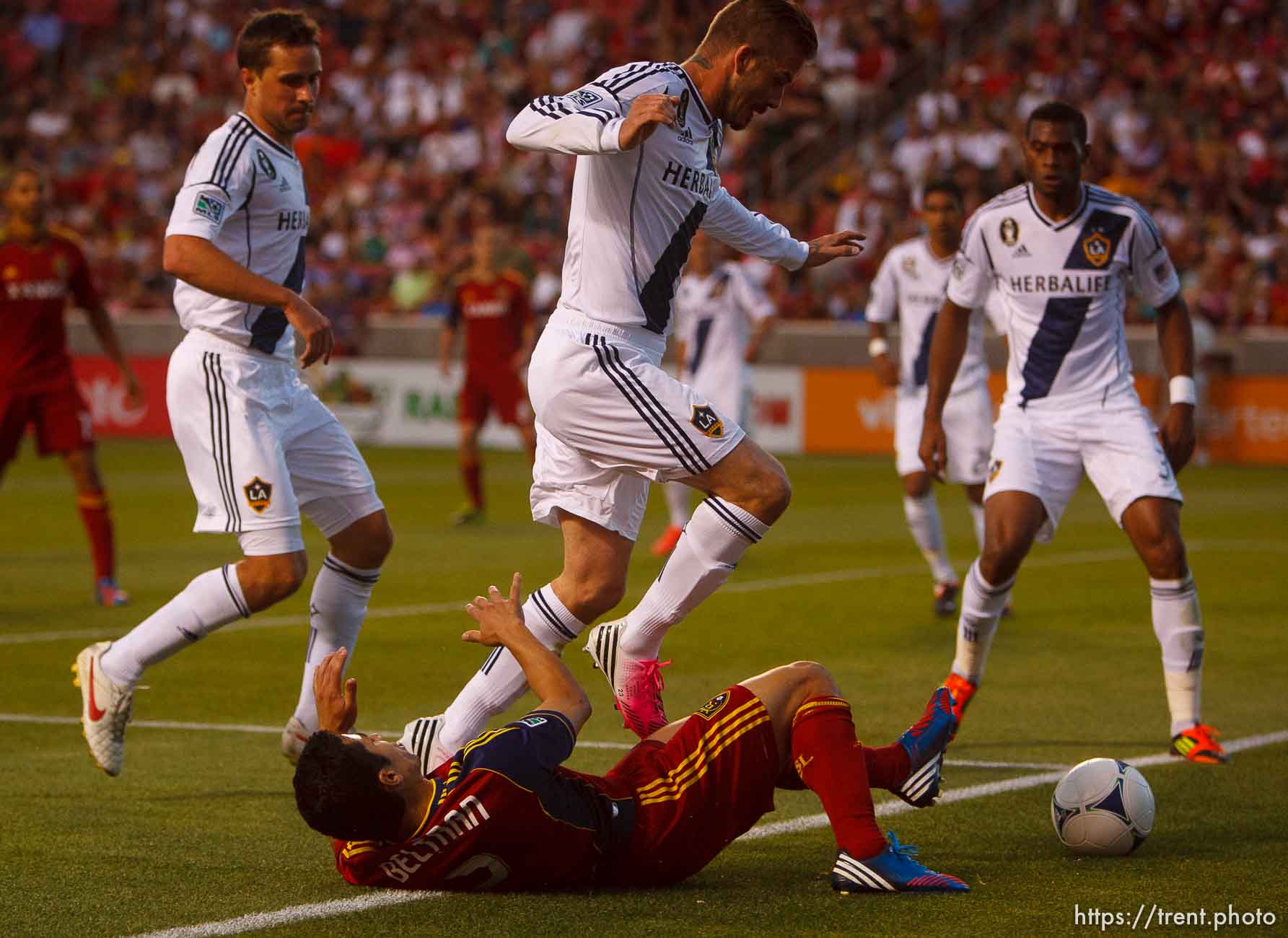 Trent Nelson  |  The Salt Lake Tribune
LA's David Beckham leaps over RSL's Javier Morales as Real Salt Lake hosts the L.A. Galaxy, MLS Soccer at Rio Tinto Stadium Wednesday, June 20, 2012 in Salt Lake City, Utah.