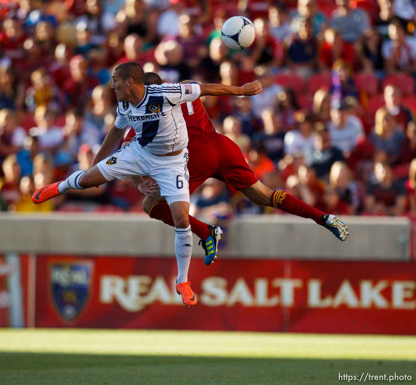 Trent Nelson  |  The Salt Lake Tribune
LA's Bryan Jordan and RSL's Chris Wingert leap for the ball as Real Salt Lake hosts the L.A. Galaxy, MLS Soccer at Rio Tinto Stadium Wednesday, June 20, 2012 in Salt Lake City, Utah.