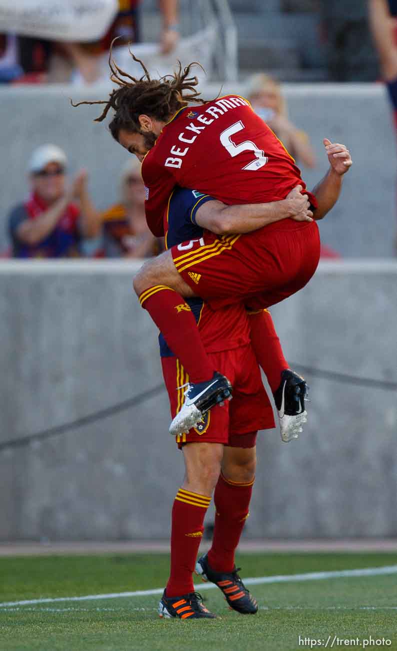 Trent Nelson  |  The Salt Lake Tribune
RSL's Kyle Beckerman, right, and Fabian Espindola celebrate Beckerman's first half goal as Real Salt Lake hosts the L.A. Galaxy, MLS Soccer at Rio Tinto Stadium Wednesday, June 20, 2012 in Salt Lake City, Utah.