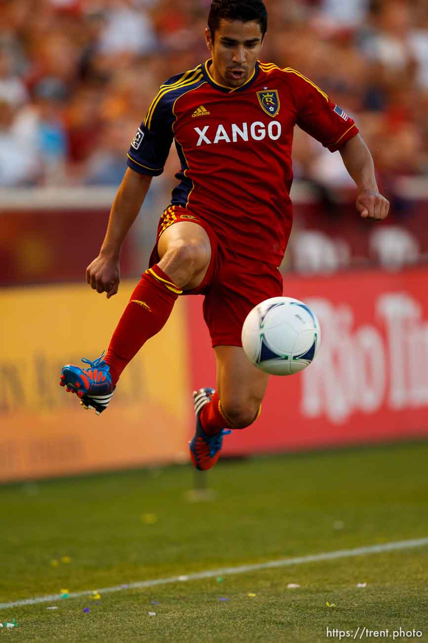 Trent Nelson  |  The Salt Lake Tribune
RSL's Tony Beltran fields the ball as Real Salt Lake hosts the L.A. Galaxy, MLS Soccer at Rio Tinto Stadium Wednesday, June 20, 2012 in Salt Lake City, Utah.