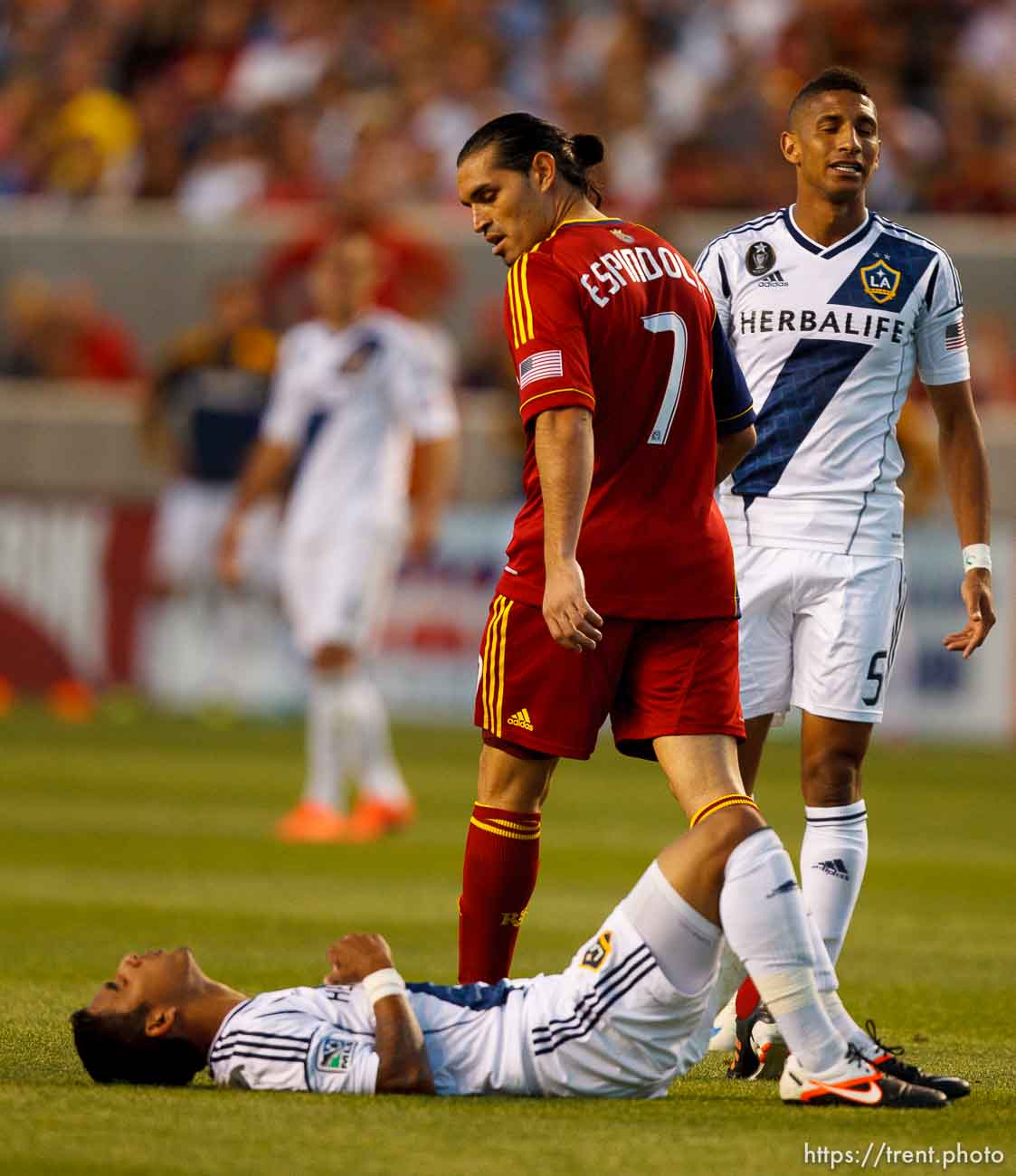 Trent Nelson  |  The Salt Lake Tribune
RSL's Fabian Espindola looks down at LA's A.J. DeLaGarza late in the second half as Real Salt Lake hosts the L.A. Galaxy, MLS Soccer at Rio Tinto Stadium Wednesday, June 20, 2012 in Salt Lake City, Utah.