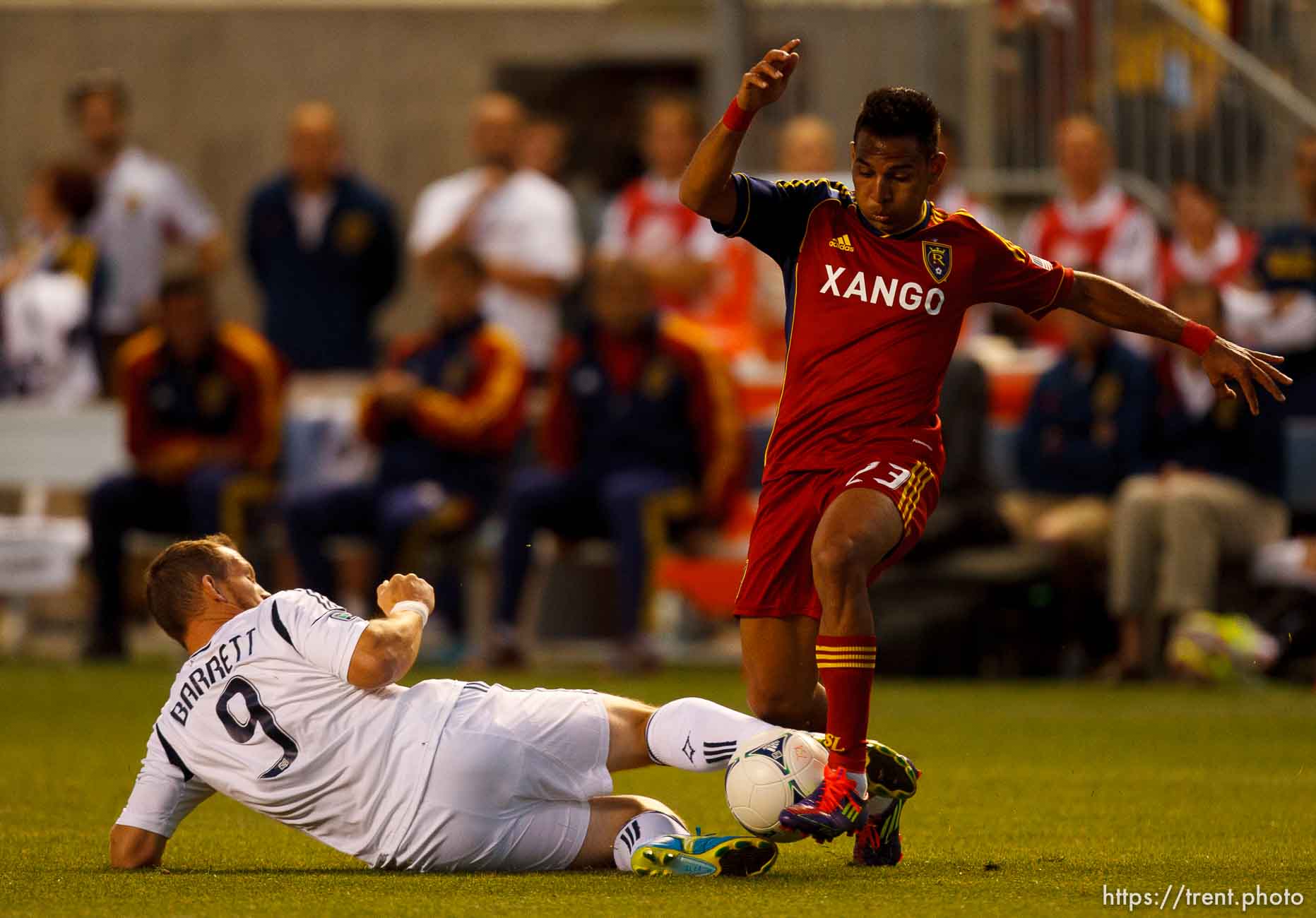 Trent Nelson  |  The Salt Lake Tribune
RSL's Paulo Junior dribbles with LA's Chad Barrett defending as Real Salt Lake hosts the L.A. Galaxy, MLS Soccer at Rio Tinto Stadium Wednesday, June 20, 2012 in Salt Lake City, Utah.