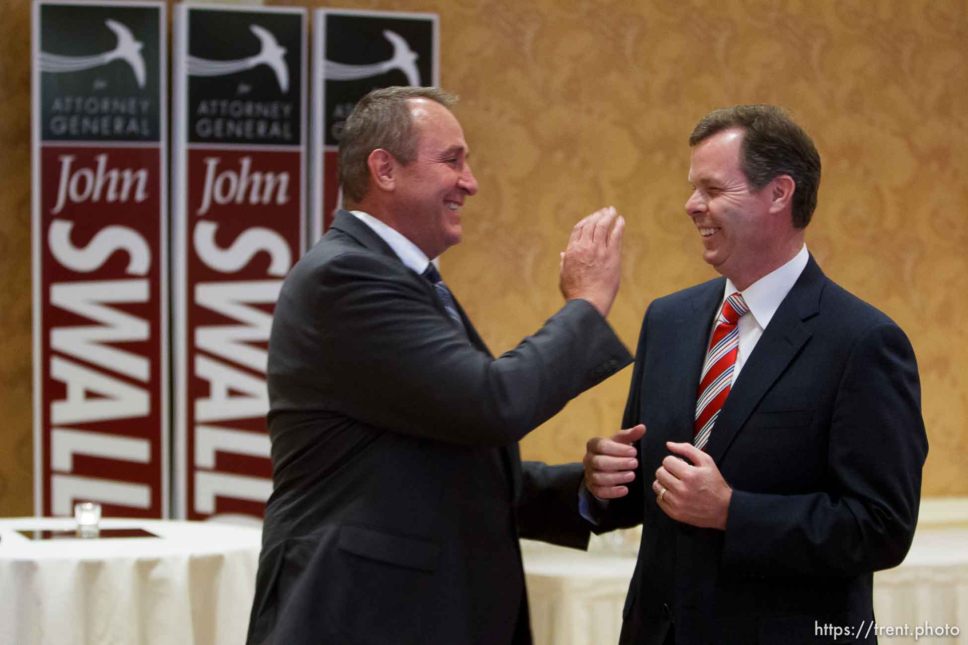 Trent Nelson  |  The Salt Lake Tribune
Current Utah Attorney General Mark Shurtleff and Utah Attorney General candidate John Swallow greet each other on election night at the Little America Hotel in Salt Lake City, Utah, Tuesday, June 26, 2012.