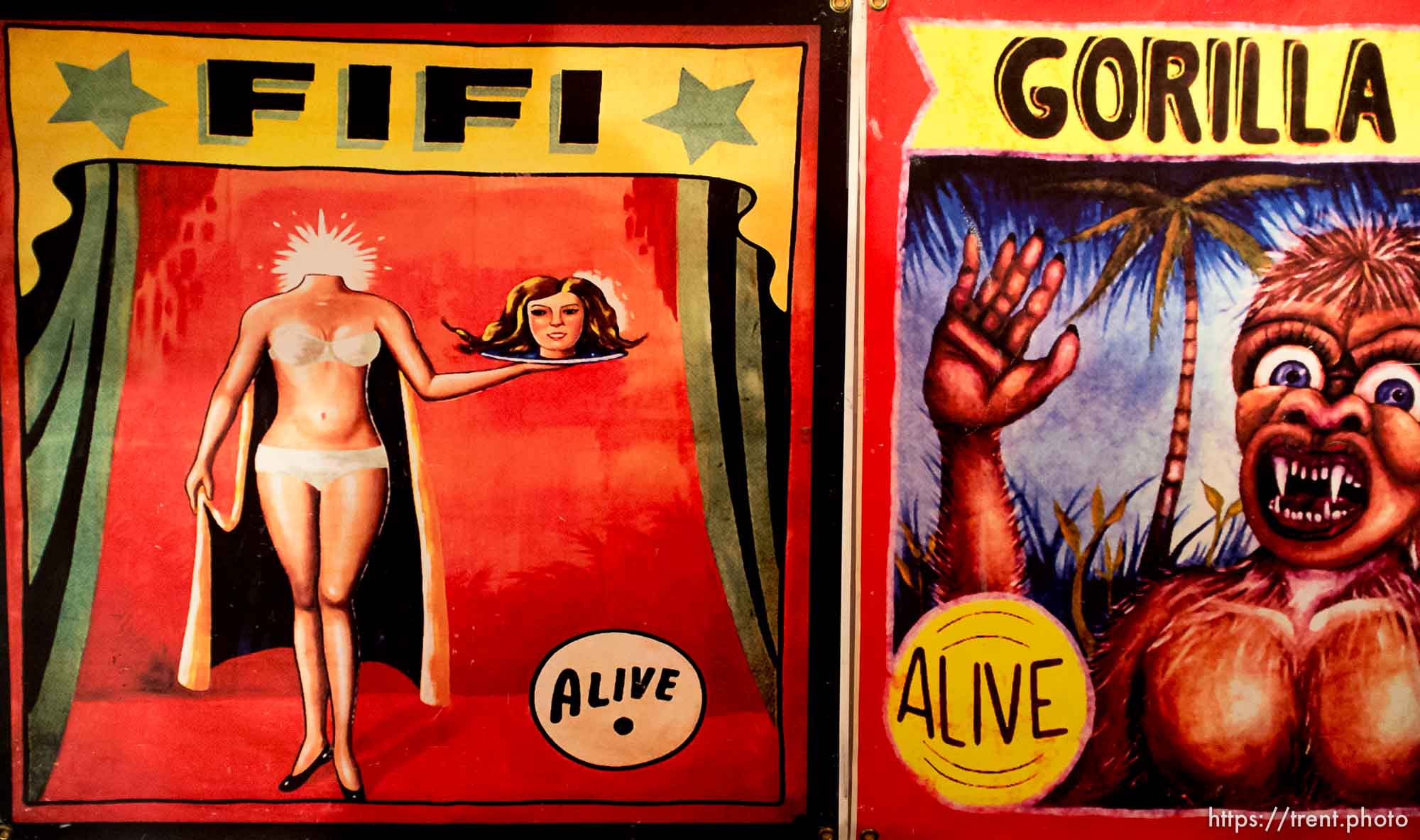 sideshow posters at Playland Not at the Beach, in El Cerrito, California on Sunday, July 8, 2012.  fifi, alive, gorilla girl