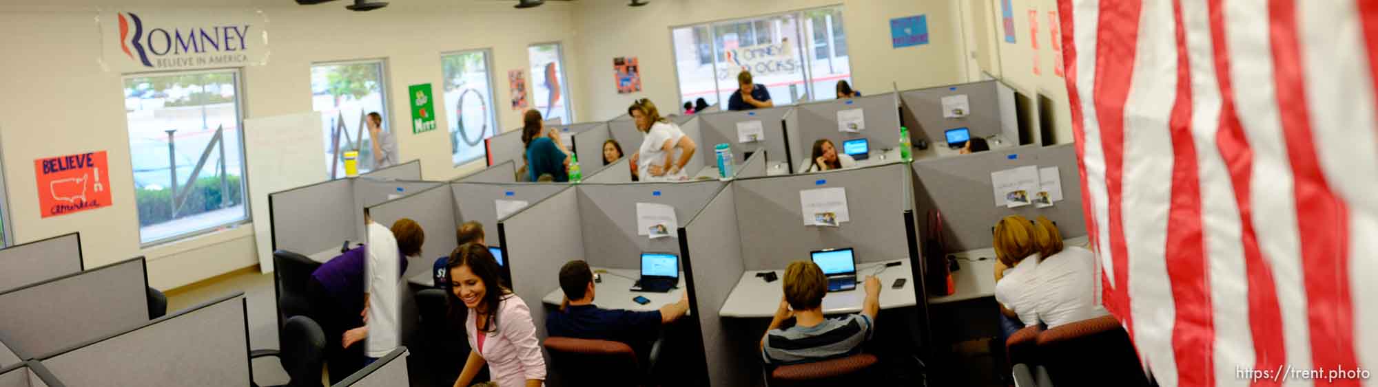 Trent Nelson  |  The Salt Lake Tribune
Volunteers make calls on behalf of Presidential candidate Mitt Romney at a call center in Orem, Utah on Thursday, July 19, 2012.