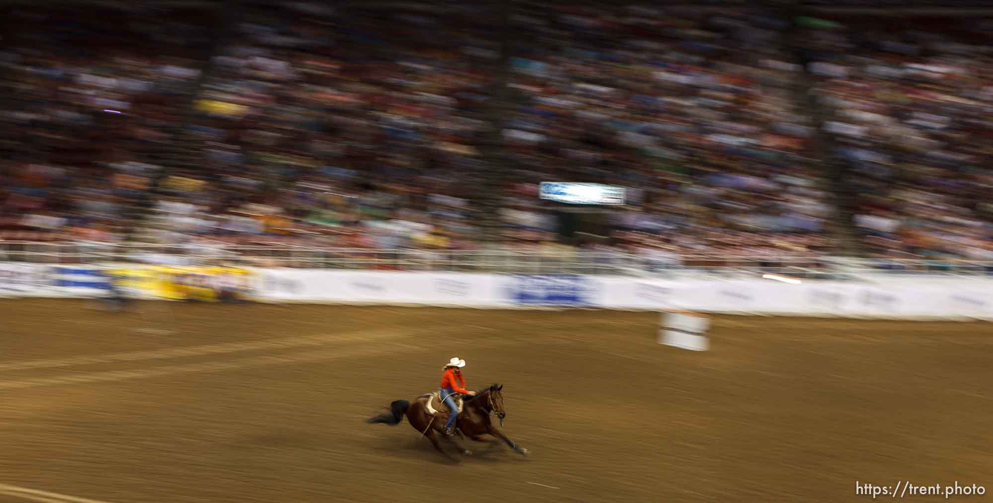 Trent Nelson  |  The Salt Lake Tribune
Lindsay Sears competes in the Barrel Racing competition at the Days of '47 Rodeo at the Maverik Center in West Valley City, Utah on Tuesday, July 24, 2012.