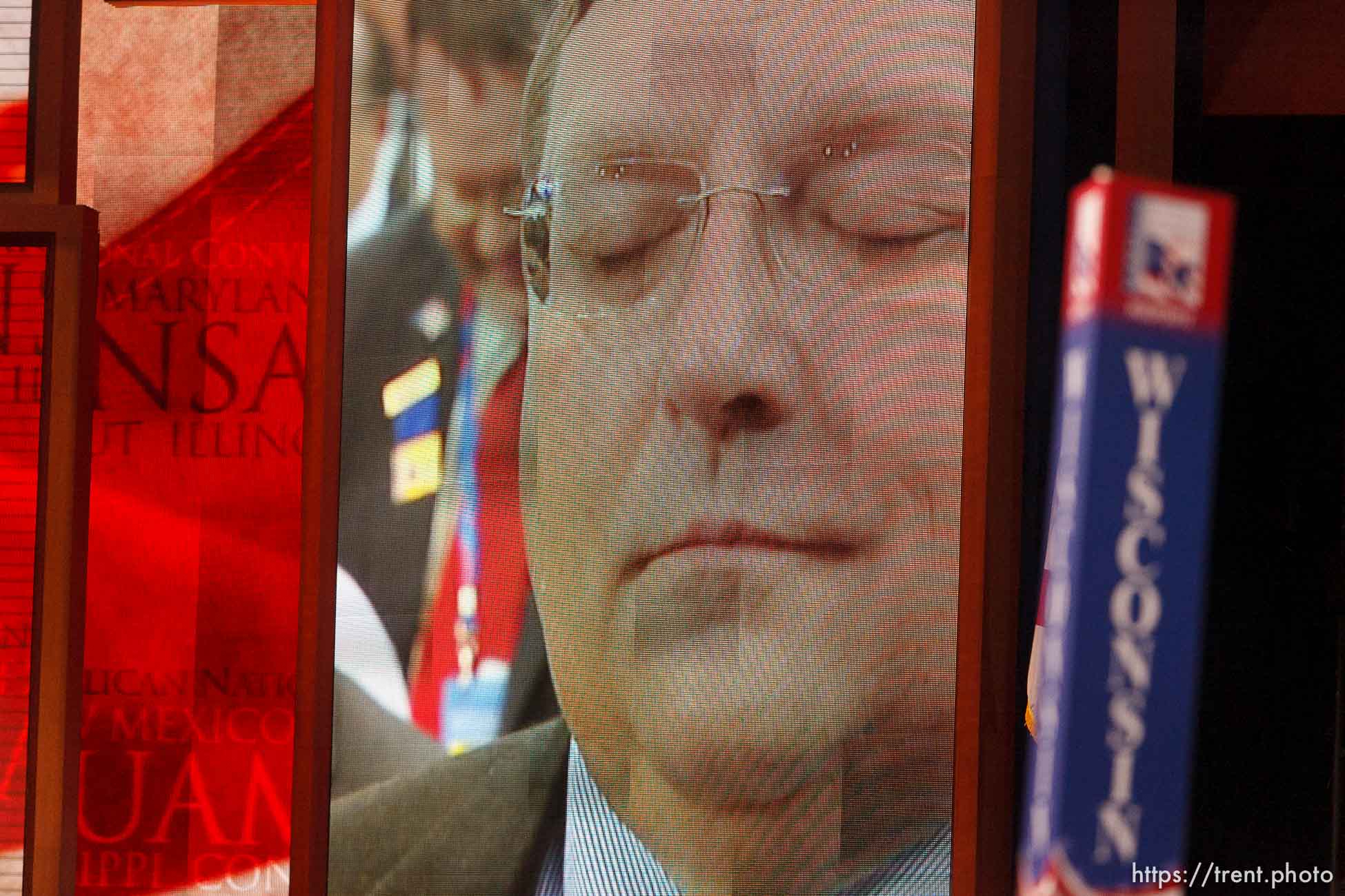 Trent Nelson  |  The Salt Lake Tribune
A delegate appears on an LCD screen during the invocation on the first day of the Republican National Convention in Tampa, Florida, Tuesday, August 28, 2012.