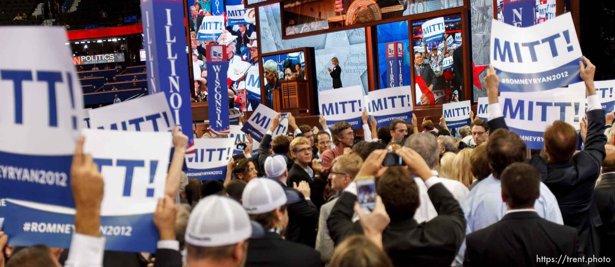 Trent Nelson  |  The Salt Lake Tribune
Delegates cheer as Mitt Romney gets enough votes for the nomination on the first day of the Republican National Convention in Tampa, Florida, Tuesday, August 28, 2012.