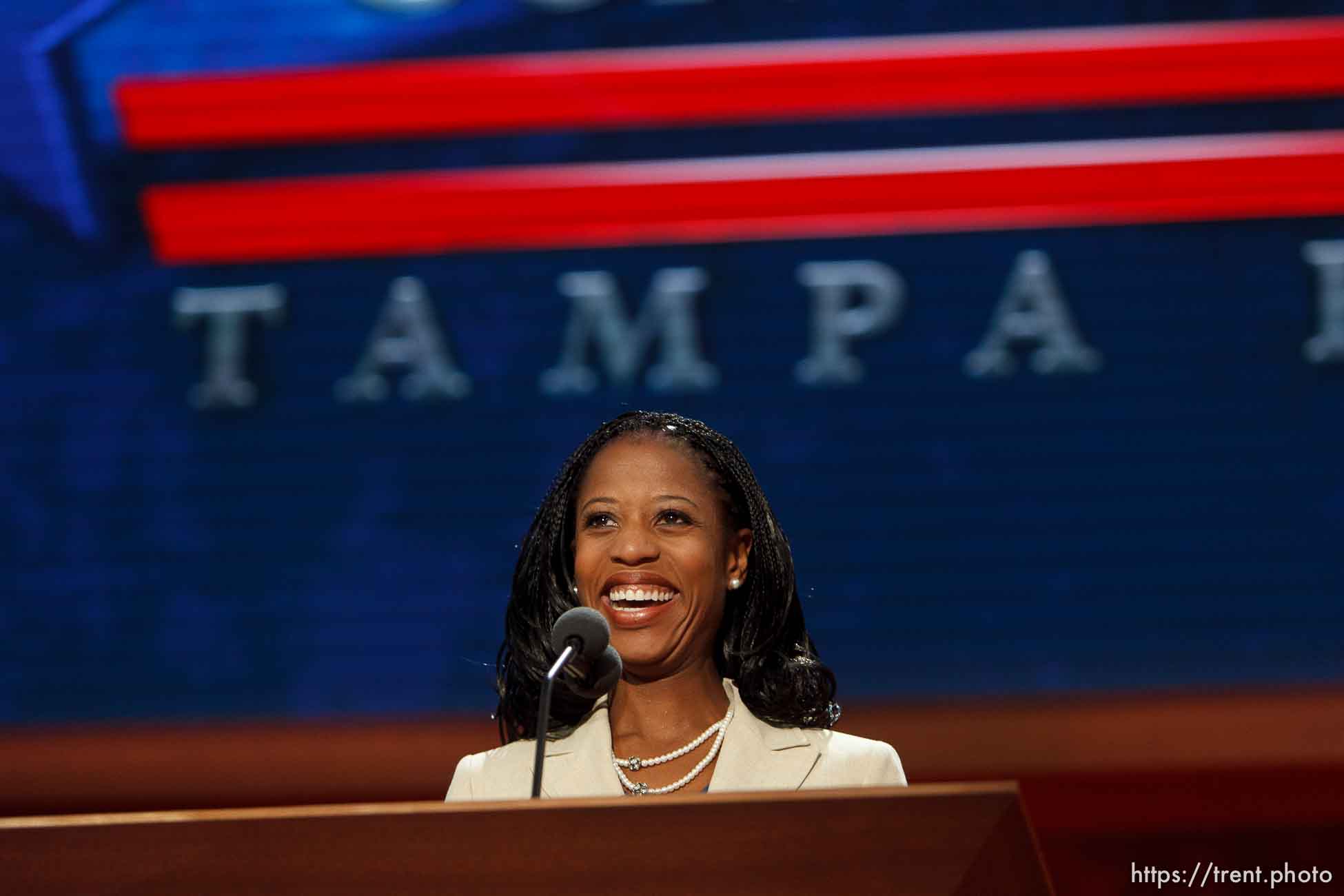 Trent Nelson  |  The Salt Lake Tribune
Utah congressional candidate Mia Love speaks on the first day of the Republican National Convention in Tampa, Florida, Tuesday, August 28, 2012.