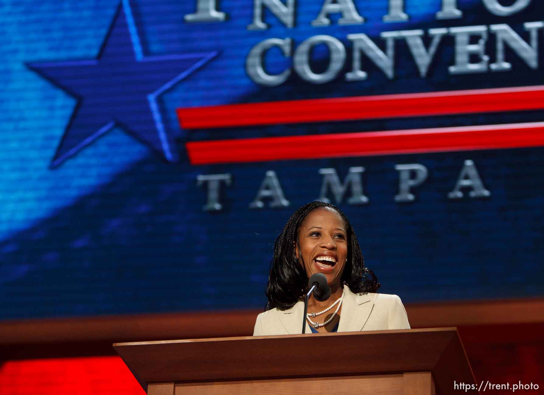 Trent Nelson  |  The Salt Lake Tribune
Utah congressional candidate Mia Love speaks on the first day of the Republican National Convention in Tampa, Florida, Tuesday, August 28, 2012.