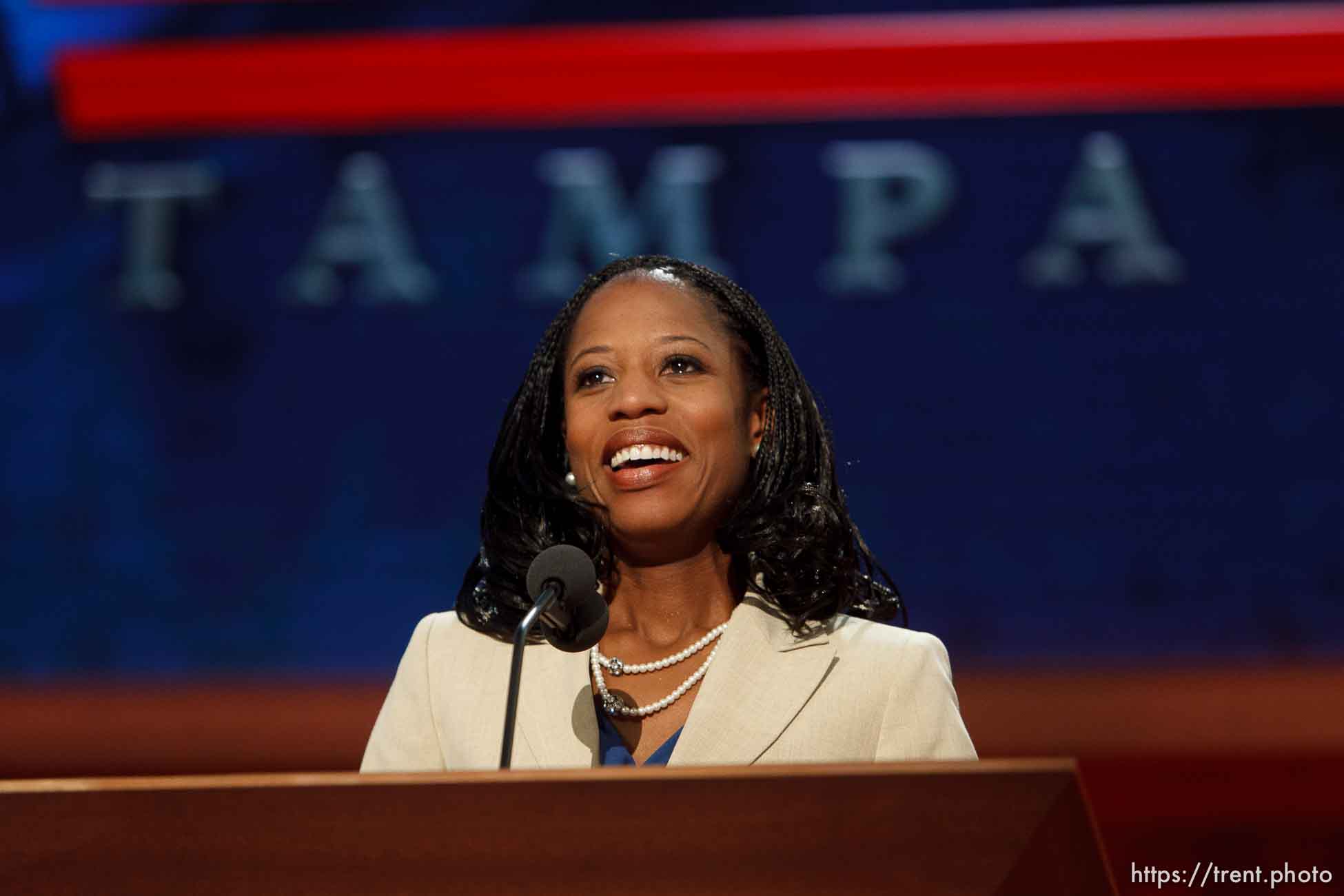 Trent Nelson  |  The Salt Lake Tribune
Utah congressional candidate Mia Love speaks on the first day of the Republican National Convention in Tampa, Florida, Tuesday, August 28, 2012.