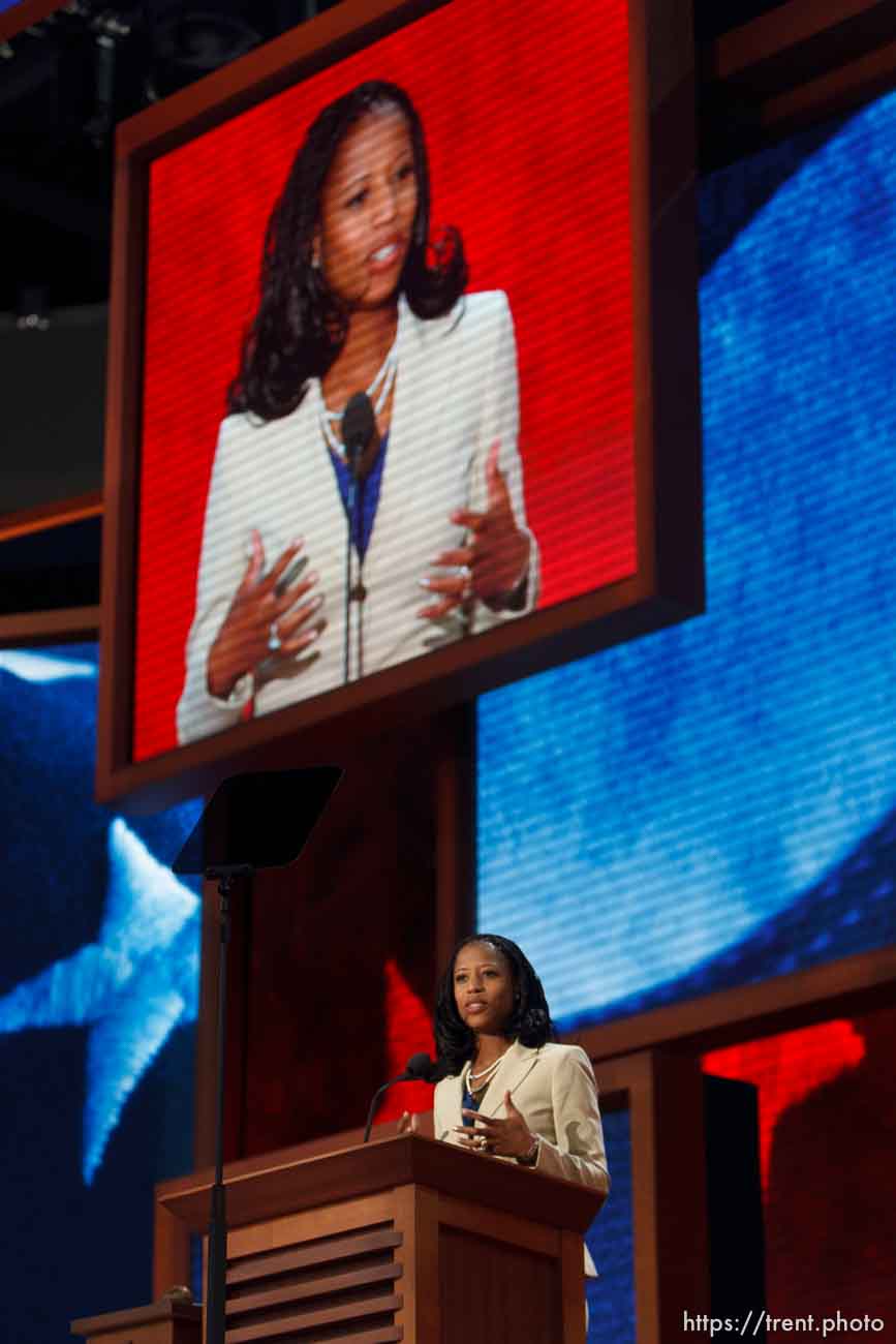 Trent Nelson  |  The Salt Lake Tribune
Utah congressional candidate Mia Love speaks on the first day of the Republican National Convention in Tampa, Florida, Tuesday, August 28, 2012.