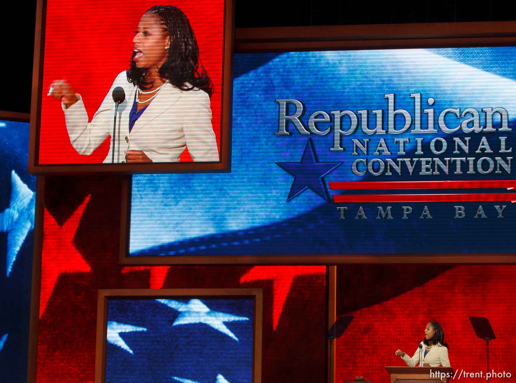 Trent Nelson  |  The Salt Lake Tribune
Utah congressional candidate Mia Love speaks on the first day of the Republican National Convention in Tampa, Florida, Tuesday, August 28, 2012.