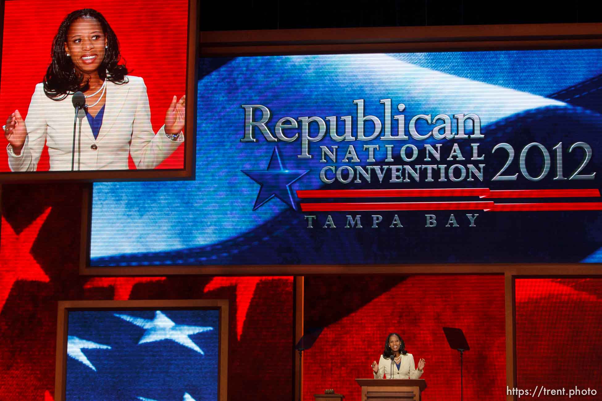 Trent Nelson  |  The Salt Lake Tribune
Utah congressional candidate Mia Love speaks on the first day of the Republican National Convention in Tampa, Florida, Tuesday, August 28, 2012.