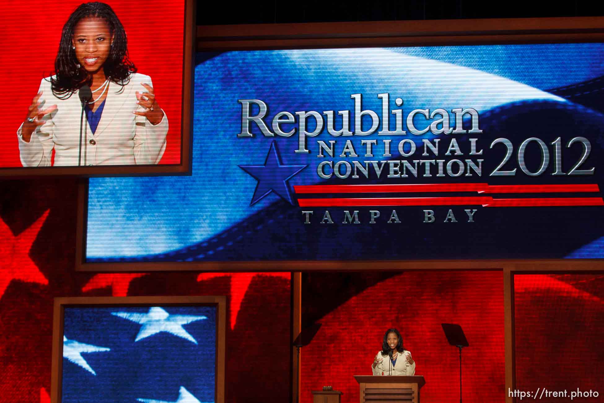 Trent Nelson  |  The Salt Lake Tribune
Utah congressional candidate Mia Love speaks on the first day of the Republican National Convention in Tampa, Florida, Tuesday, August 28, 2012.