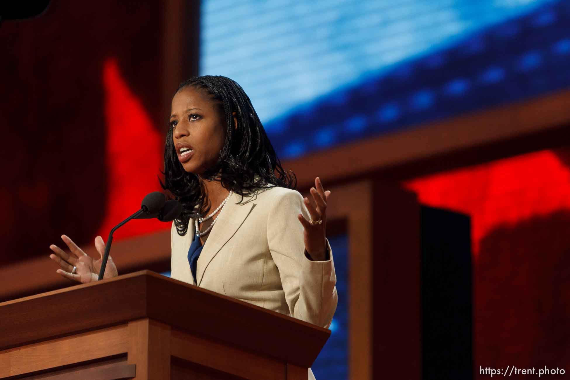 Trent Nelson  |  The Salt Lake Tribune
Utah congressional candidate Mia Love speaks on the first day of the Republican National Convention in Tampa, Florida, Tuesday, August 28, 2012.