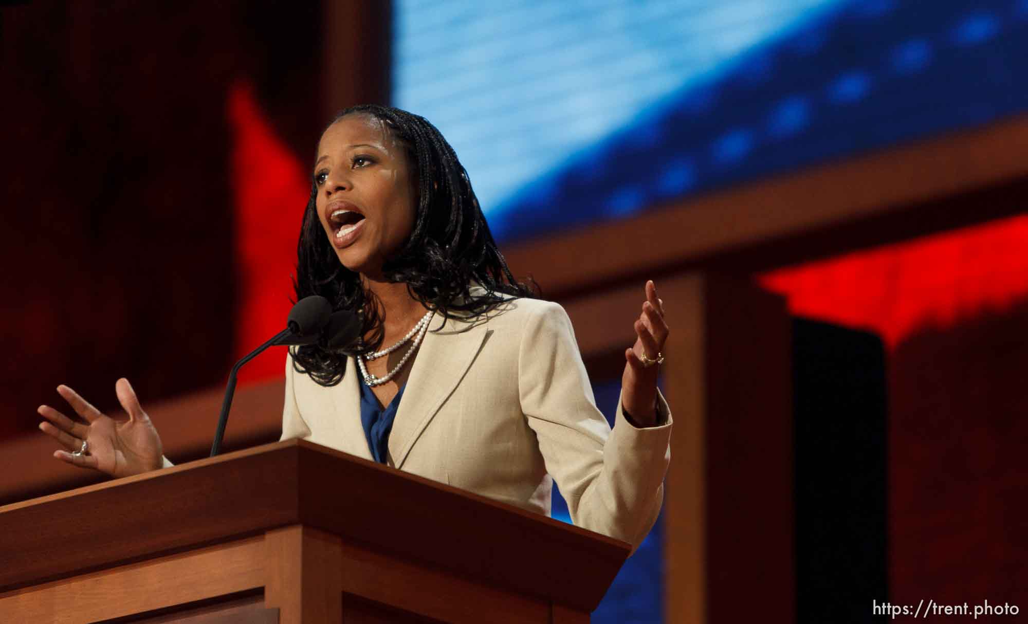 Trent Nelson  |  The Salt Lake Tribune
Utah congressional candidate Mia Love speaks on the first day of the Republican National Convention in Tampa, Florida, Tuesday, August 28, 2012.