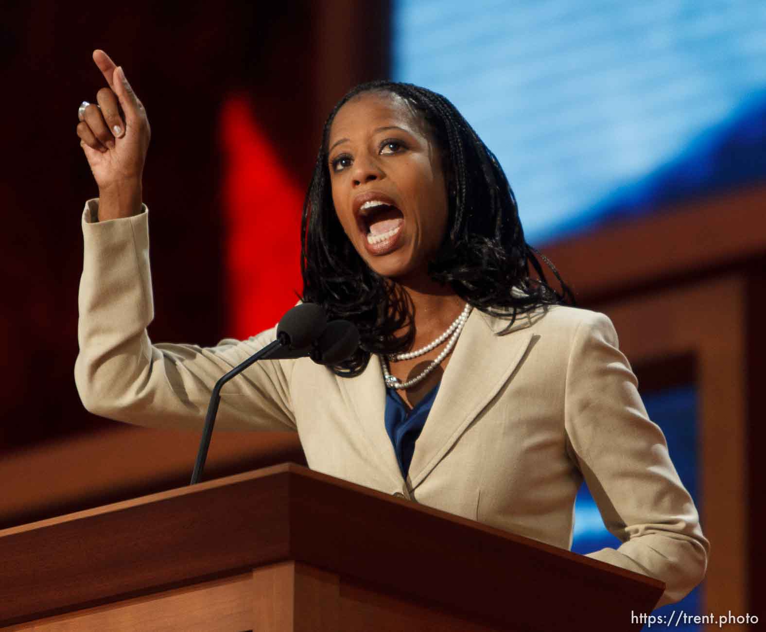 Trent Nelson  |  The Salt Lake Tribune
Utah congressional candidate Mia Love speaks on the first day of the Republican National Convention in Tampa, Florida, Tuesday, August 28, 2012.