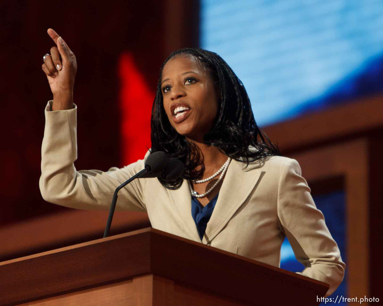 Trent Nelson  |  The Salt Lake Tribune
Utah congressional candidate Mia Love speaks on the first day of the Republican National Convention in Tampa, Florida, Tuesday, August 28, 2012.