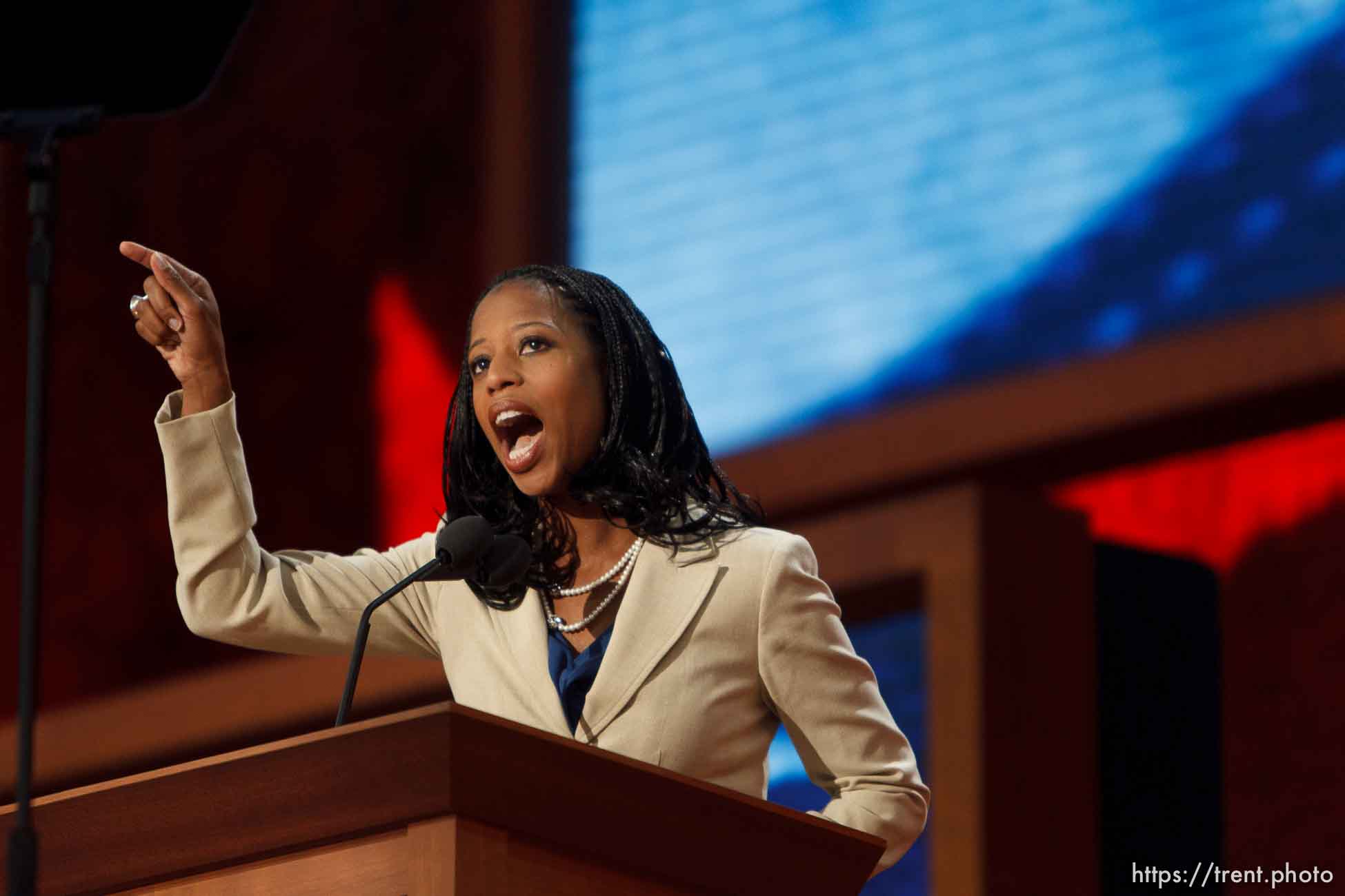 Trent Nelson  |  The Salt Lake Tribune
Utah congressional candidate Mia Love speaks on the first day of the Republican National Convention in Tampa, Florida, Tuesday, August 28, 2012.