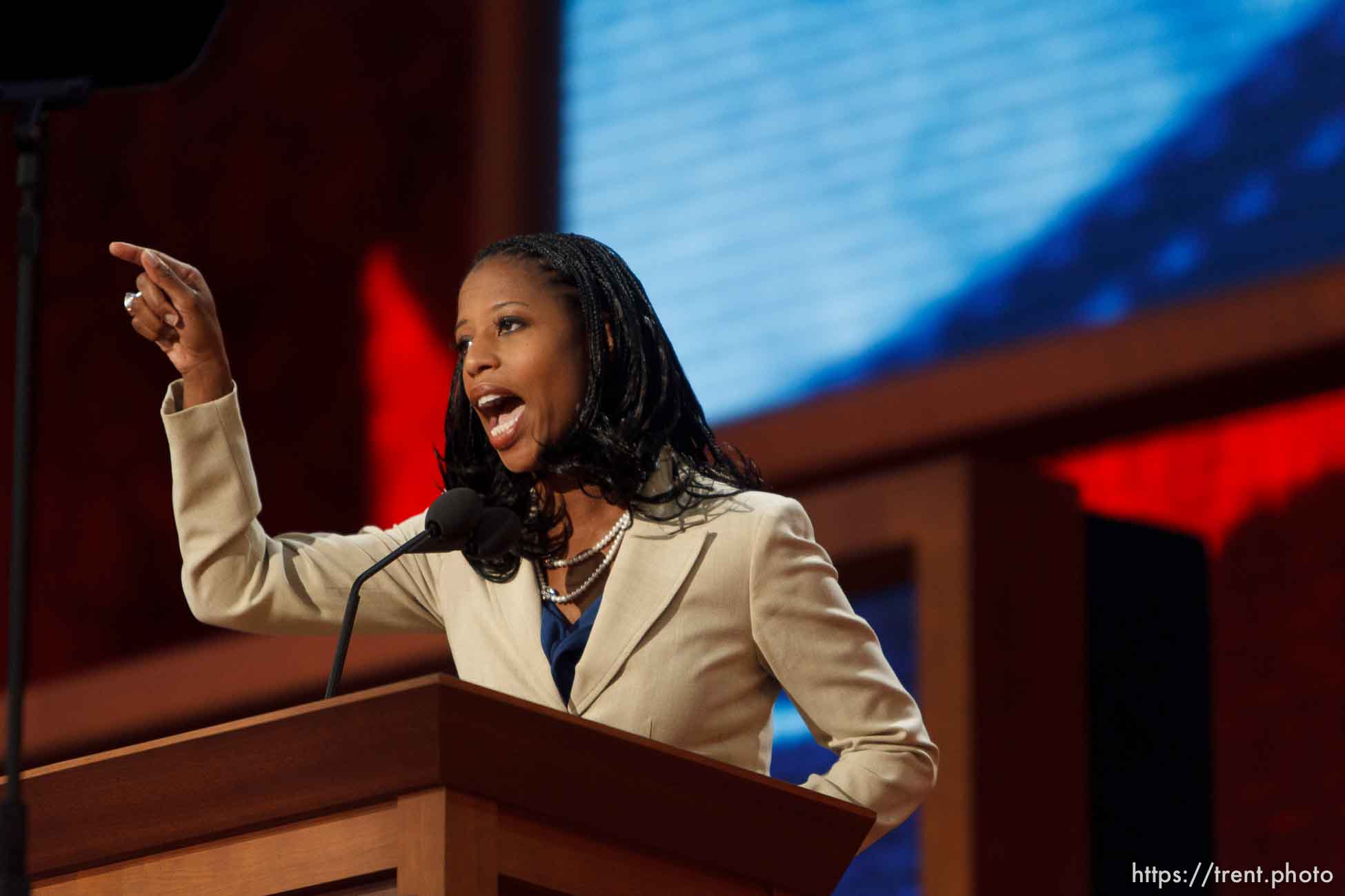 Trent Nelson  |  The Salt Lake Tribune
Utah congressional candidate Mia Love speaks on the first day of the Republican National Convention in Tampa, Florida, Tuesday, August 28, 2012.