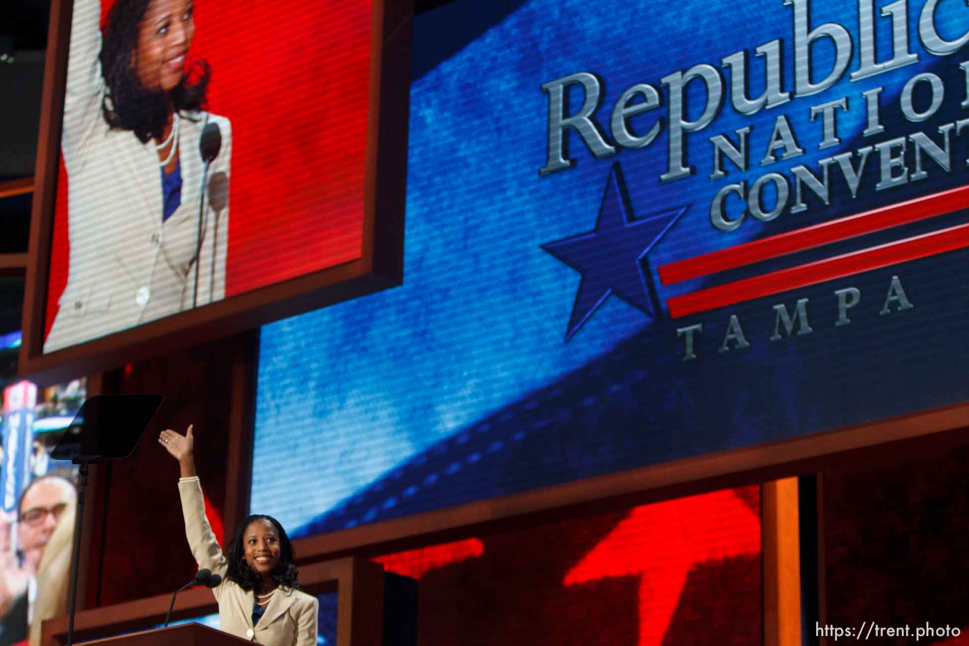 Trent Nelson  |  The Salt Lake Tribune
Utah congressional candidate Mia Love speaks on the first day of the Republican National Convention in Tampa, Florida, Tuesday, August 28, 2012.