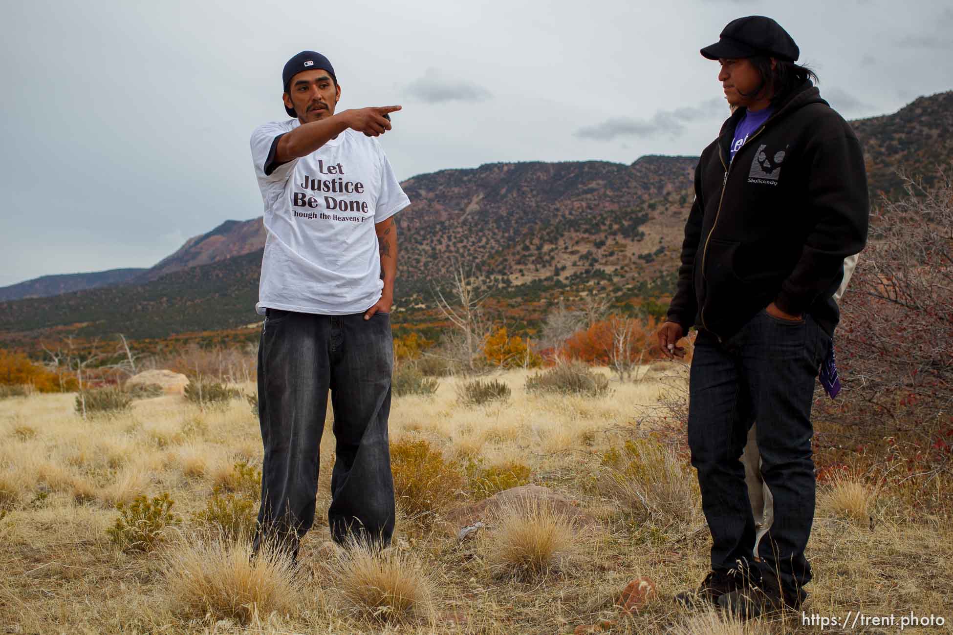 Trent Nelson  |  The Salt Lake Tribune
Stetson Bravo, left, and Greg Anderson at the spot they believe Corey Kanosh's body ended up after he was shot by a Millard County deputy following a high speed chase. The family of Corey Kanosh held a press conference Tuesday October 23, 2012 in Kanosh, Utah, seeking answers in Kanosh's death. Bravo is Kanosh's cousin and Anderson is Kanosh's brother.