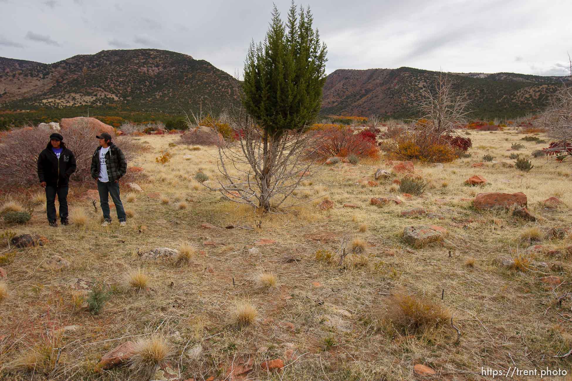 Trent Nelson  |  The Salt Lake Tribune
Charlie Lafferty, right, and Greg Anderson at the spot they believe Corey Kanosh's body ended up after he was shot by a Millard County deputy following a high speed chase. The family of Corey Kanosh held a press conference Tuesday October 23, 2012 in Kanosh, Utah, seeking answers in Kanosh's death. Lafferty is Kanosh's cousin and Anderson is Kanosh's brother.