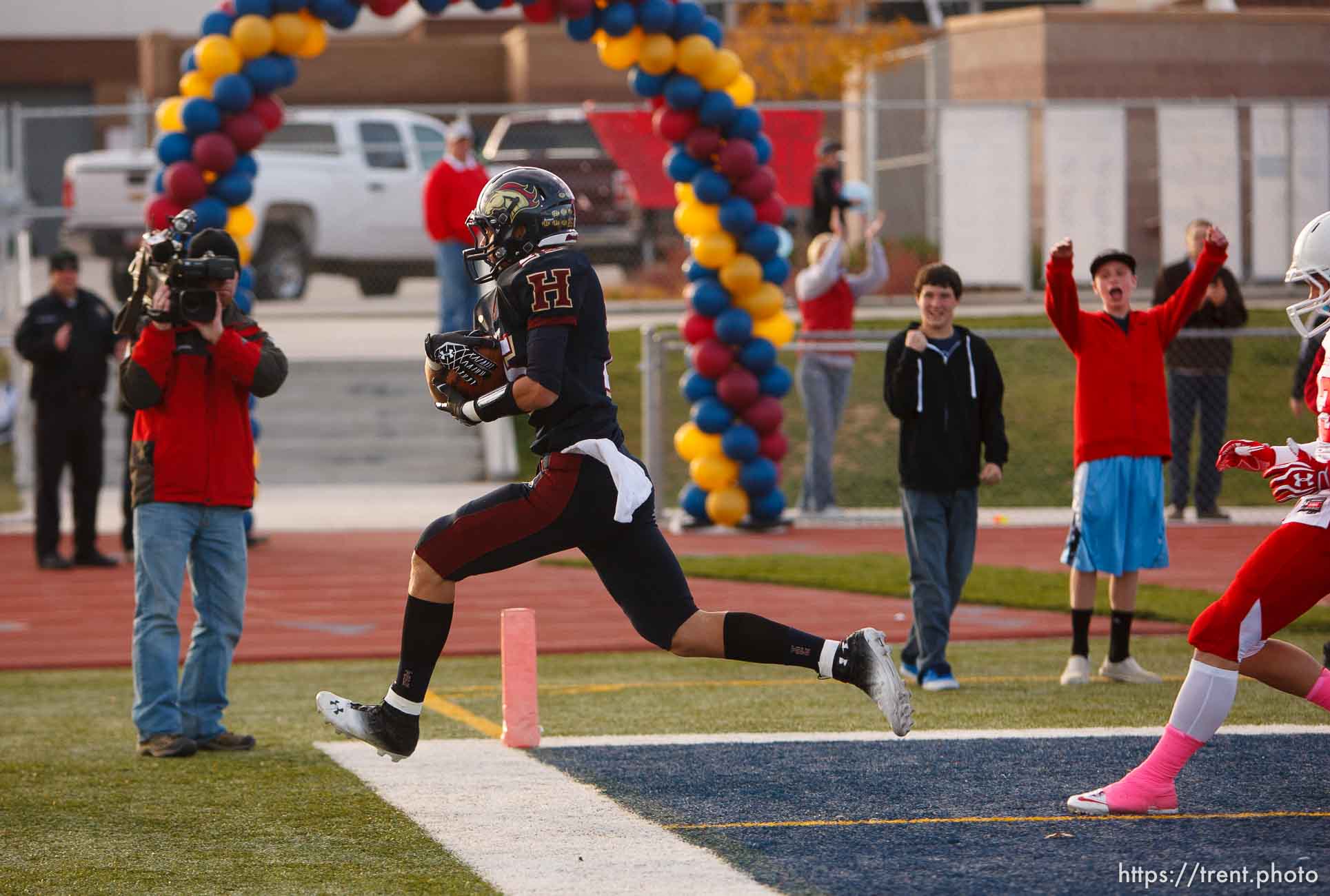 Trent Nelson  |  The Salt Lake Tribune
Herriman's Connor Johnson scores a touchdown. Herriman vs. East high school football, Saturday October 27, 2012 in Herriman, Utah.