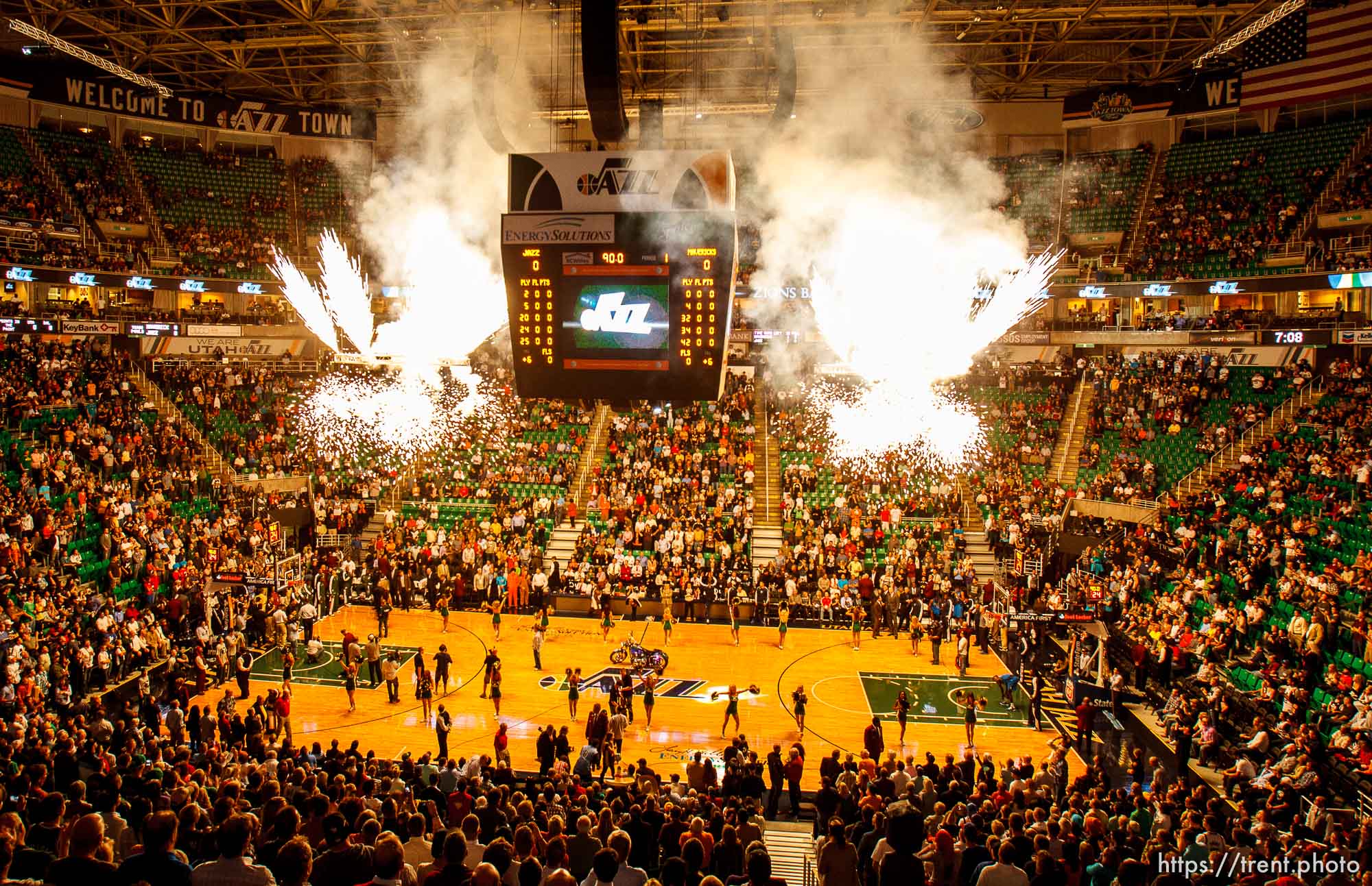 Trent Nelson  |  The Salt Lake Tribune
Fireworks kick off the season opener as the Utah Jazz host the Dallas Mavericks, NBA basketball, Wednesday October 31, 2012 at EnergySolutions Arena in Salt Lake City, Utah.