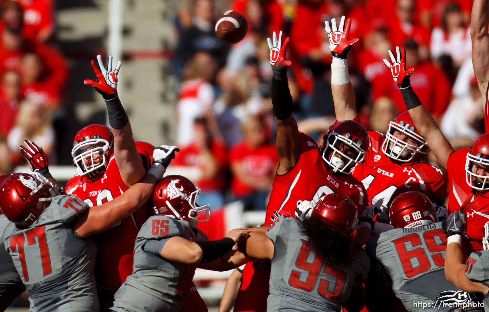 Trent Nelson  |  The Salt Lake Tribune
Utes leap to try to block a field goal as Utah hosts Washington State, college football at Rice-Eccles Stadium Saturday November 3, 2012 in Salt Lake City.