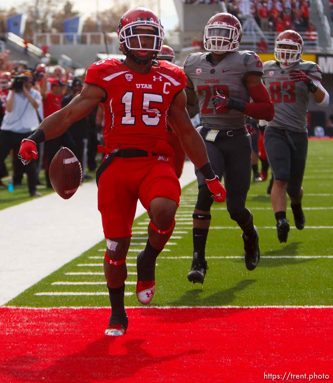 Trent Nelson  |  The Salt Lake Tribune
Utah running back John White (15) runs for a first quarter touchdown as Utah hosts Washington State, college football at Rice-Eccles Stadium Saturday November 3, 2012 in Salt Lake City.