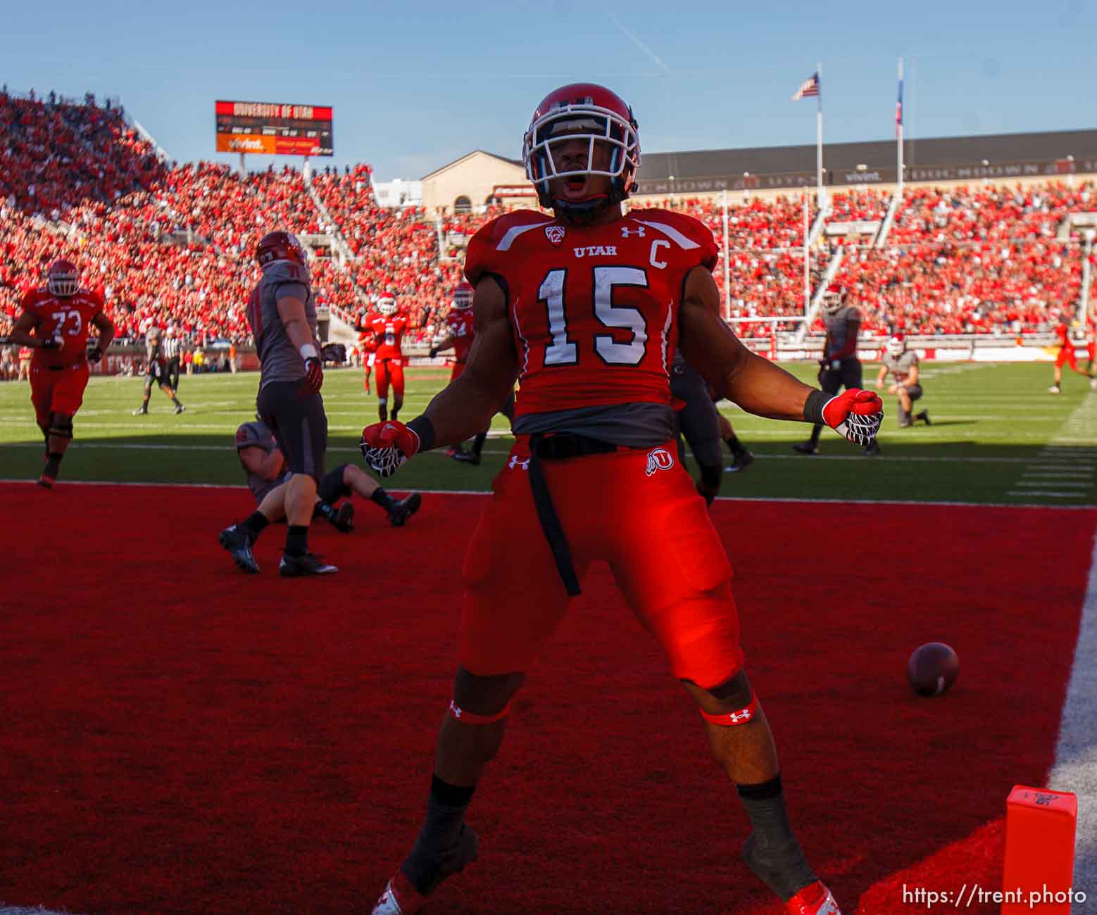 Trent Nelson  |  The Salt Lake Tribune
Utah running back John White (15) celebrates a touchdown run as Utah hosts Washington State, college football at Rice-Eccles Stadium Saturday November 3, 2012 in Salt Lake City.