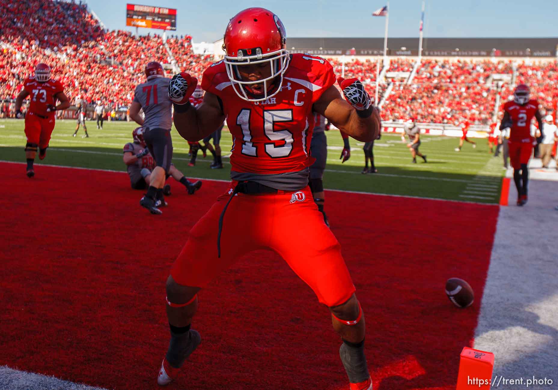 Trent Nelson  |  The Salt Lake Tribune
Utah running back John White (15) celebrates a touchdown run as Utah hosts Washington State, college football at Rice-Eccles Stadium Saturday November 3, 2012 in Salt Lake City.