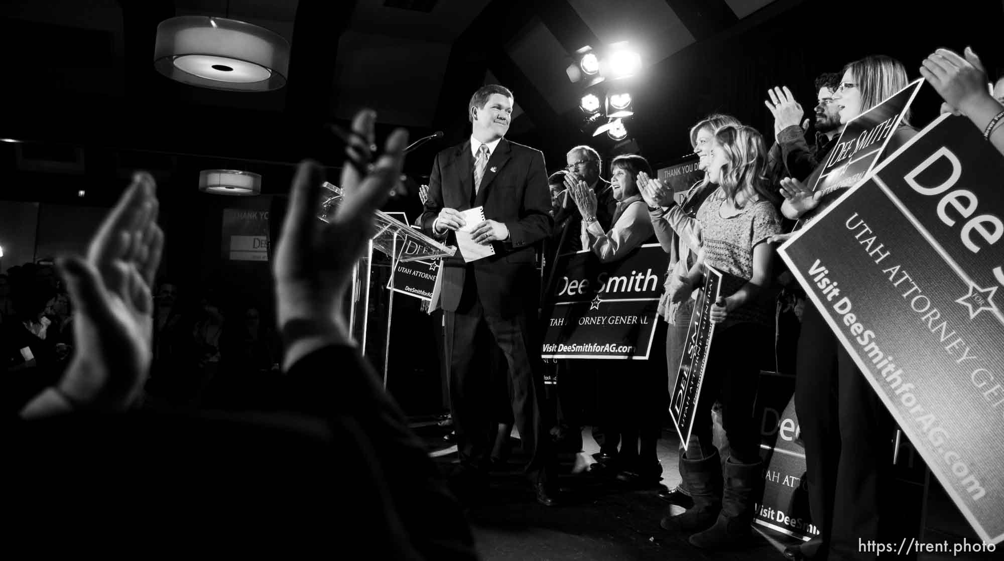 Trent Nelson  |  The Salt Lake Tribune
Utah Attorney General candidate Dee Smith gives his concession speech at the Salt Lake Sheraton Hotel, Democratic headquarters on election night Tuesday November 6, 2012 in Salt Lake City.