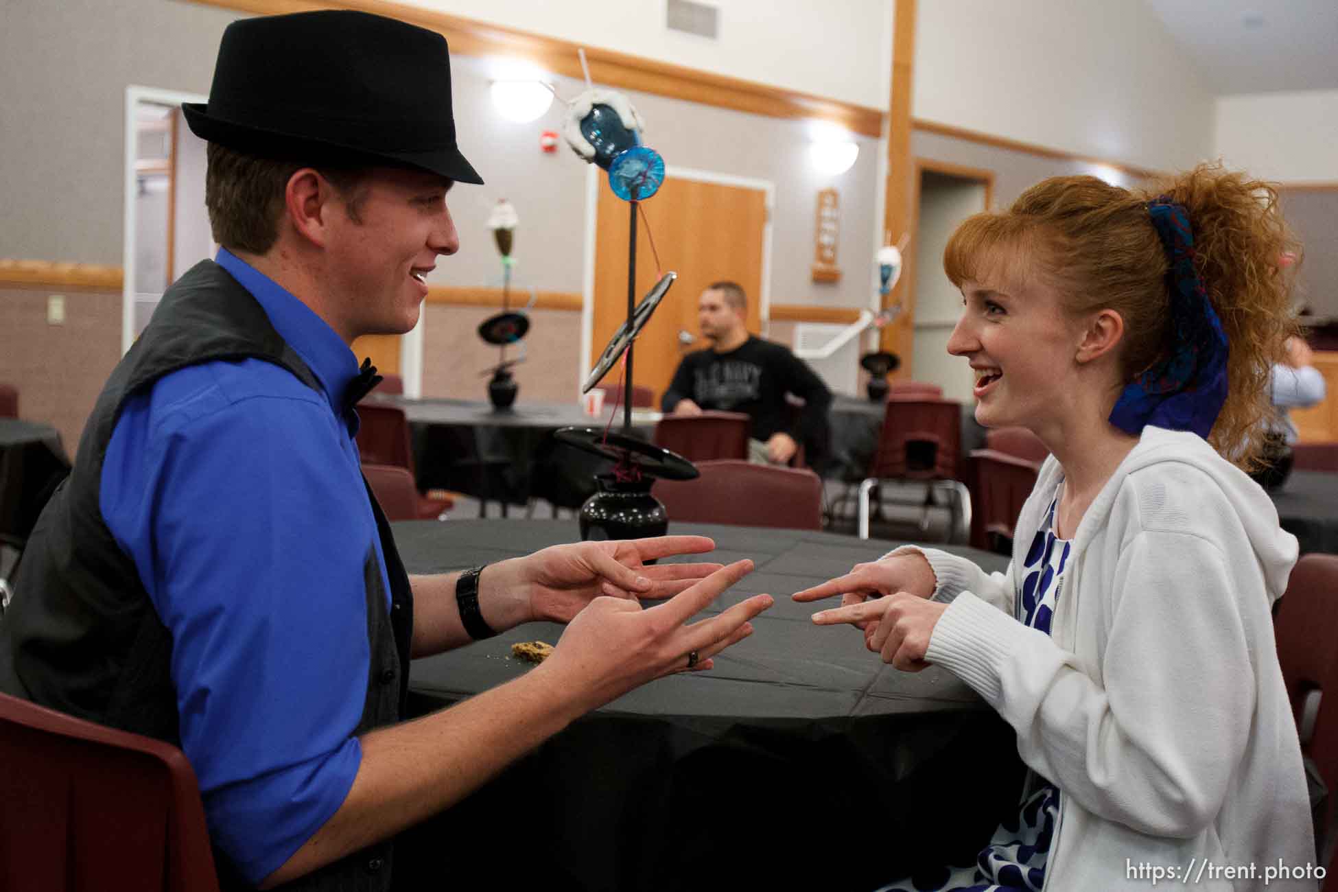 Trent Nelson  |  The Salt Lake Tribune
Chase Page and Aly Stephenson play a game Page learned on his LDS mission to Chile at a dance at the Salt Lake University Institute of Religion, Friday November 16, 2012 in Salt Lake City.