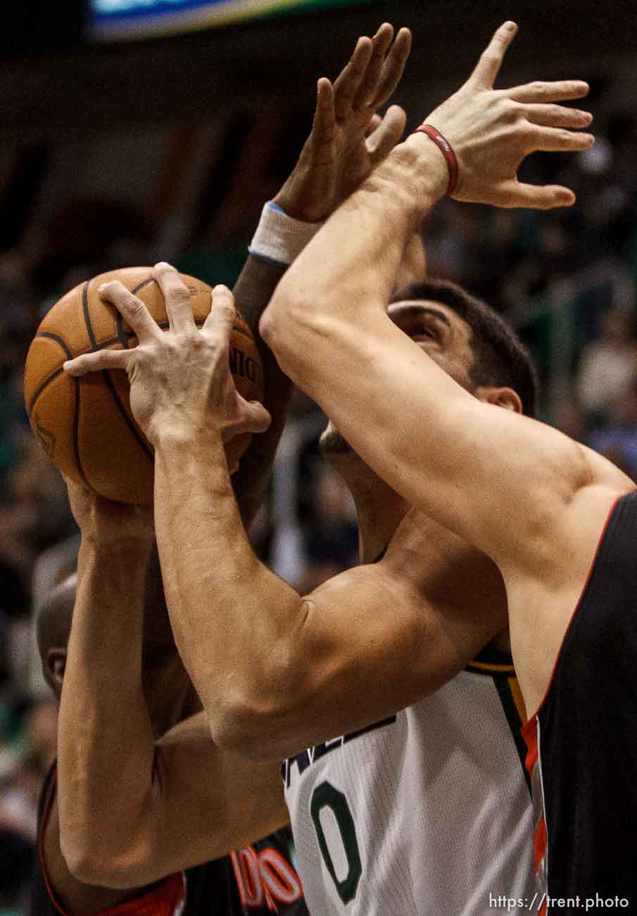 Trent Nelson  |  The Salt Lake Tribune
Utah Jazz center Enes Kanter (0) goes to the basket with Toronto Raptors center Andrea Bargnani (7) defending as the Utah Jazz face the Toronto Raptors Friday December 7, 2012.