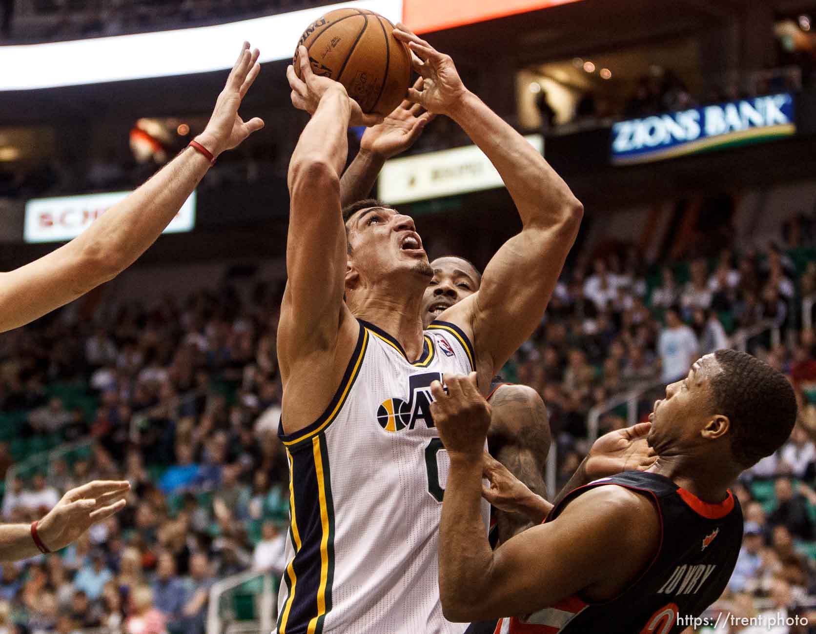 Trent Nelson  |  The Salt Lake Tribune
Utah Jazz center Enes Kanter (0) shoots the ball over Toronto Raptors point guard Kyle Lowry (3) as the Utah Jazz face the Toronto Raptors Friday December 7, 2012.