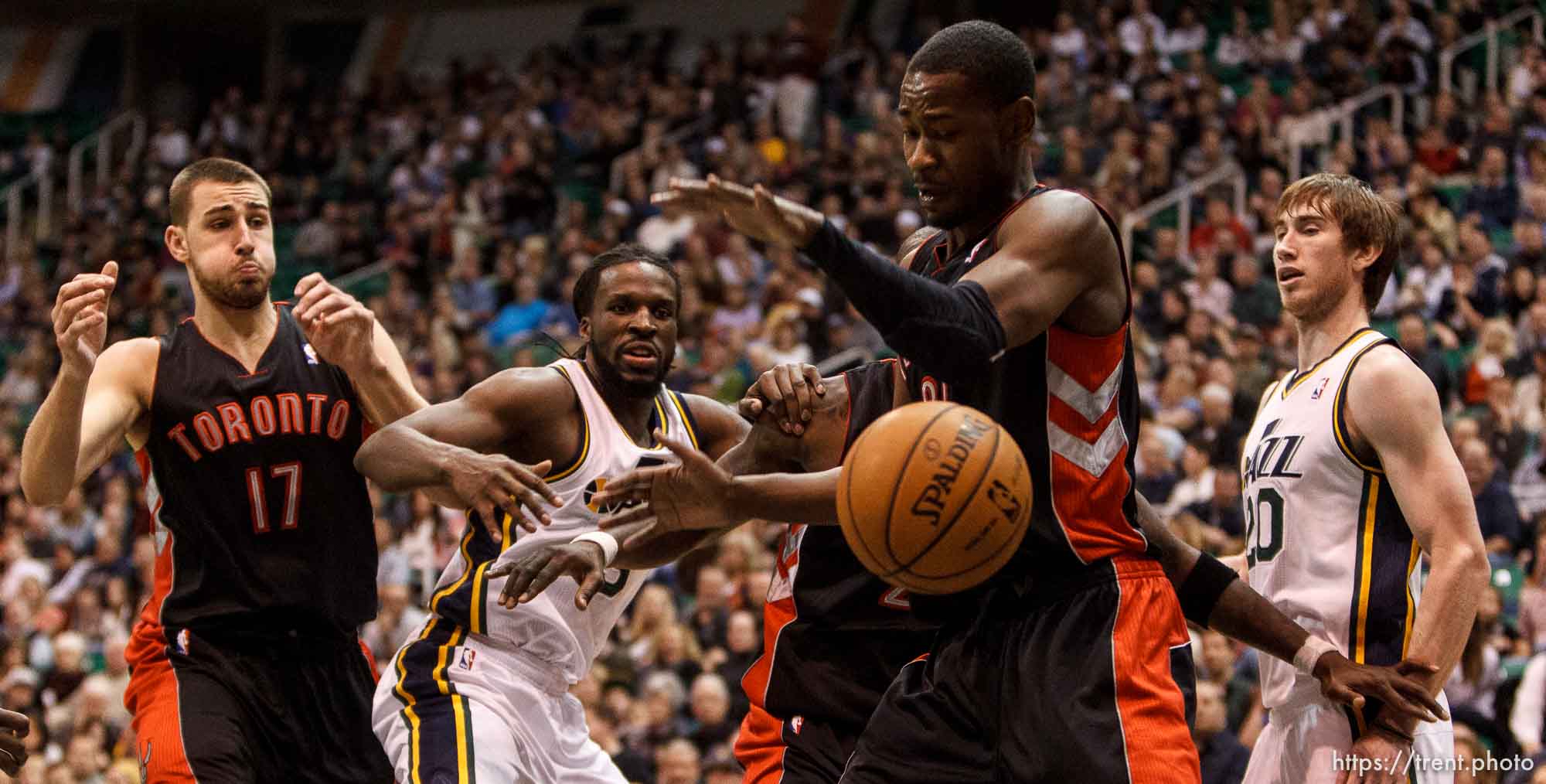 Trent Nelson  |  The Salt Lake Tribune
The ball is stripped from Utah Jazz small forward DeMarre Carroll (3) as the Utah Jazz face the Toronto Raptors Friday December 7, 2012.