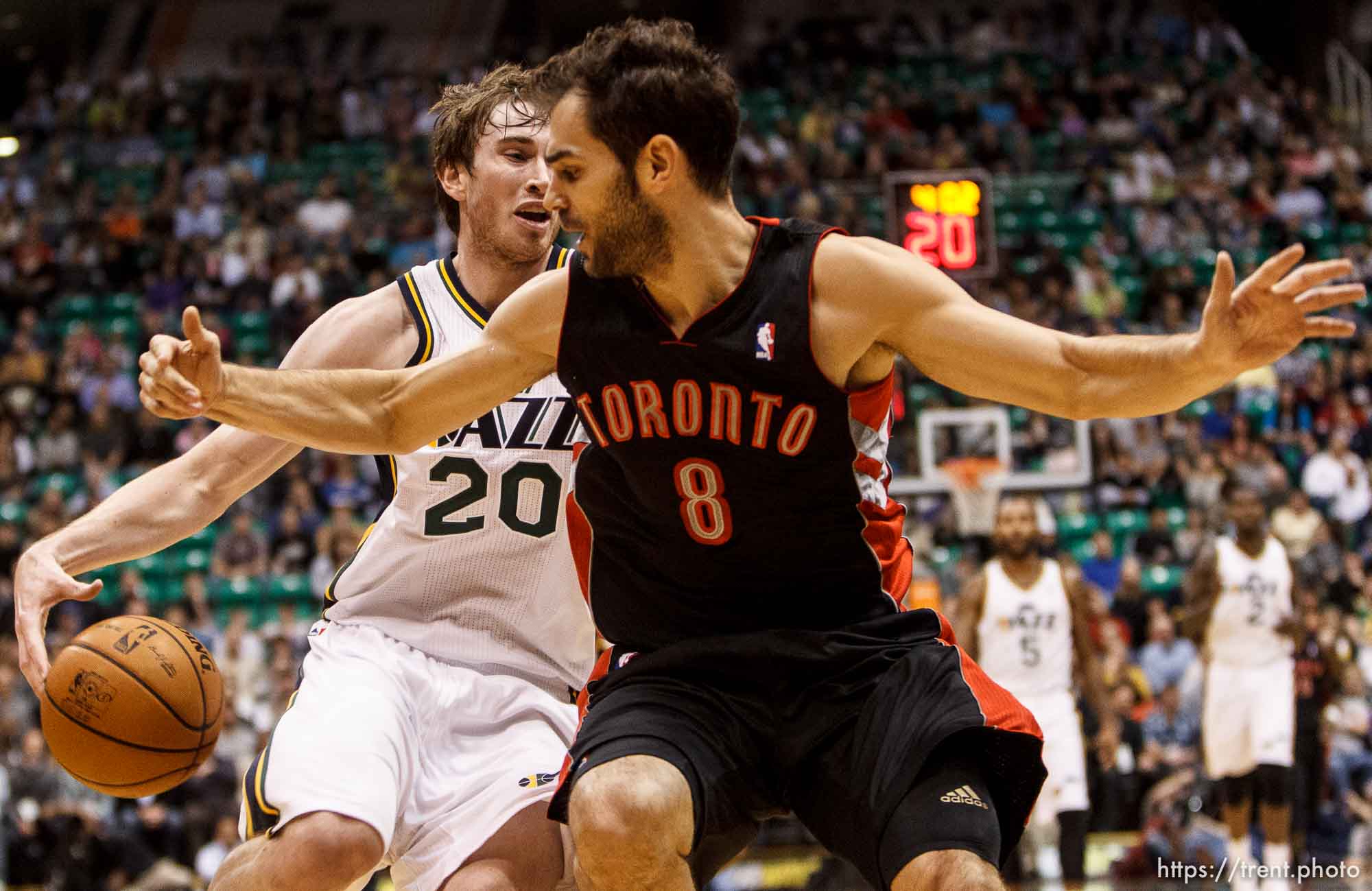 Trent Nelson  |  The Salt Lake Tribune
Utah Jazz shooting guard Gordon Hayward (20) drives with Toronto Raptors point guard Jose Calderon (8) defending as the Utah Jazz face the Toronto Raptors Friday December 7, 2012.