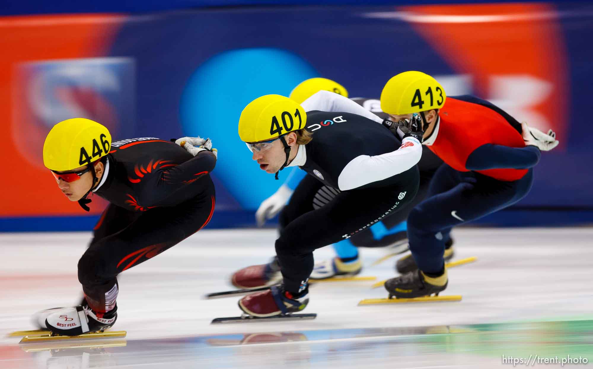 Trent Nelson  |  The Salt Lake Tribune
Aaron Tran (446), Chris Creveling (401) and Keith Carroll Jr. (413) race in the Men 1000 Meters Semifinal during the US Short Track Championship at the Olympic Oval in Kearns, Saturday December 22, 2012.