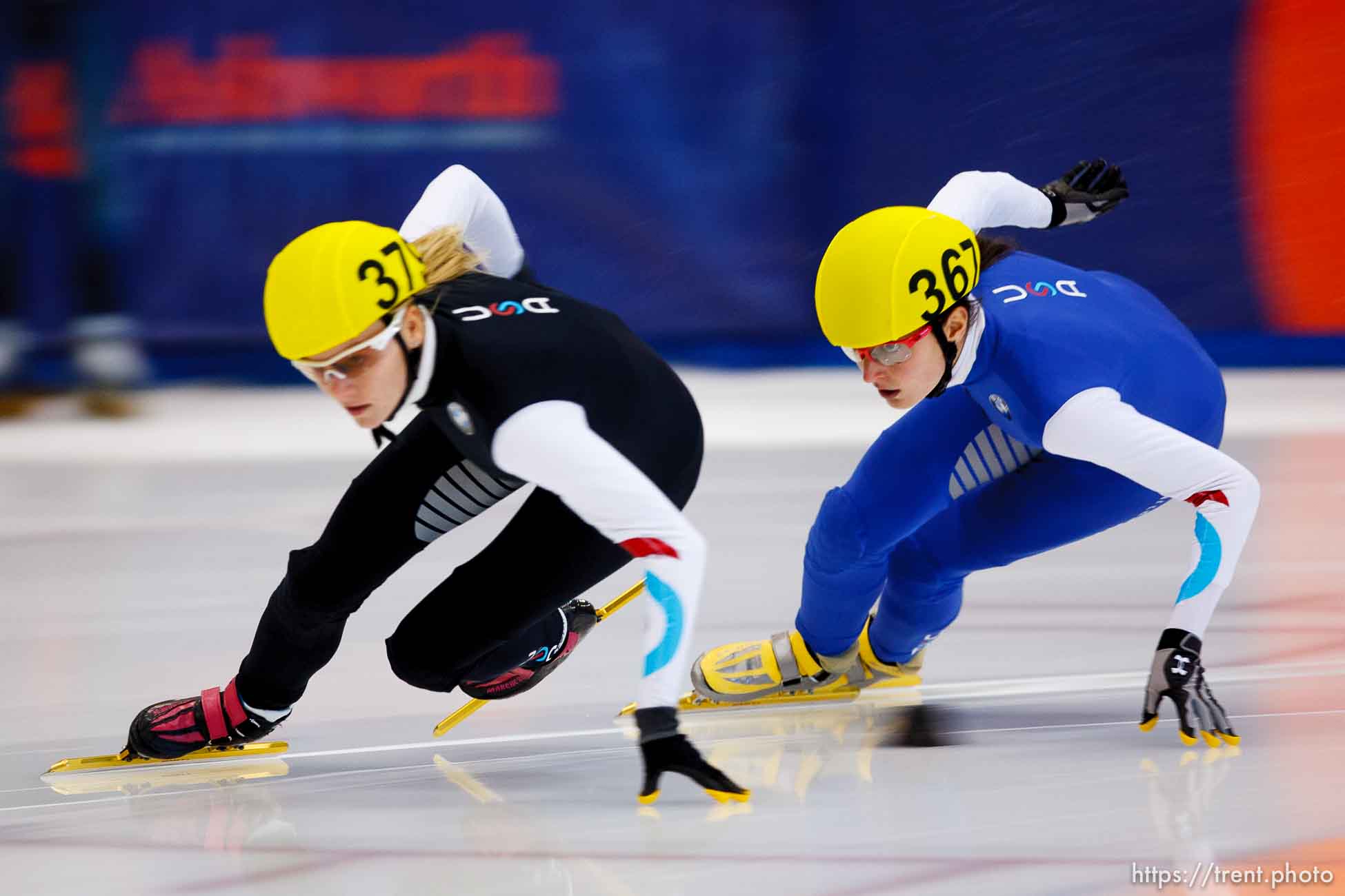 Trent Nelson  |  The Salt Lake Tribune
Alyson Dudek (367, right) took the lead from Emily Scott to take first in the Ladies 1000 Meters Semifinal during the US Short Track Championship at the Olympic Oval in Kearns, Saturday December 22, 2012.